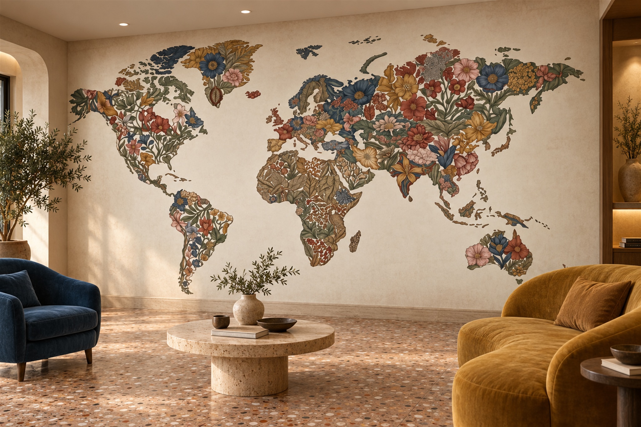 Beige Map Artful Wallpaper Mural Living-room-wallpaper-murals, Shown In A Living Room, Peel-and-stick Finish