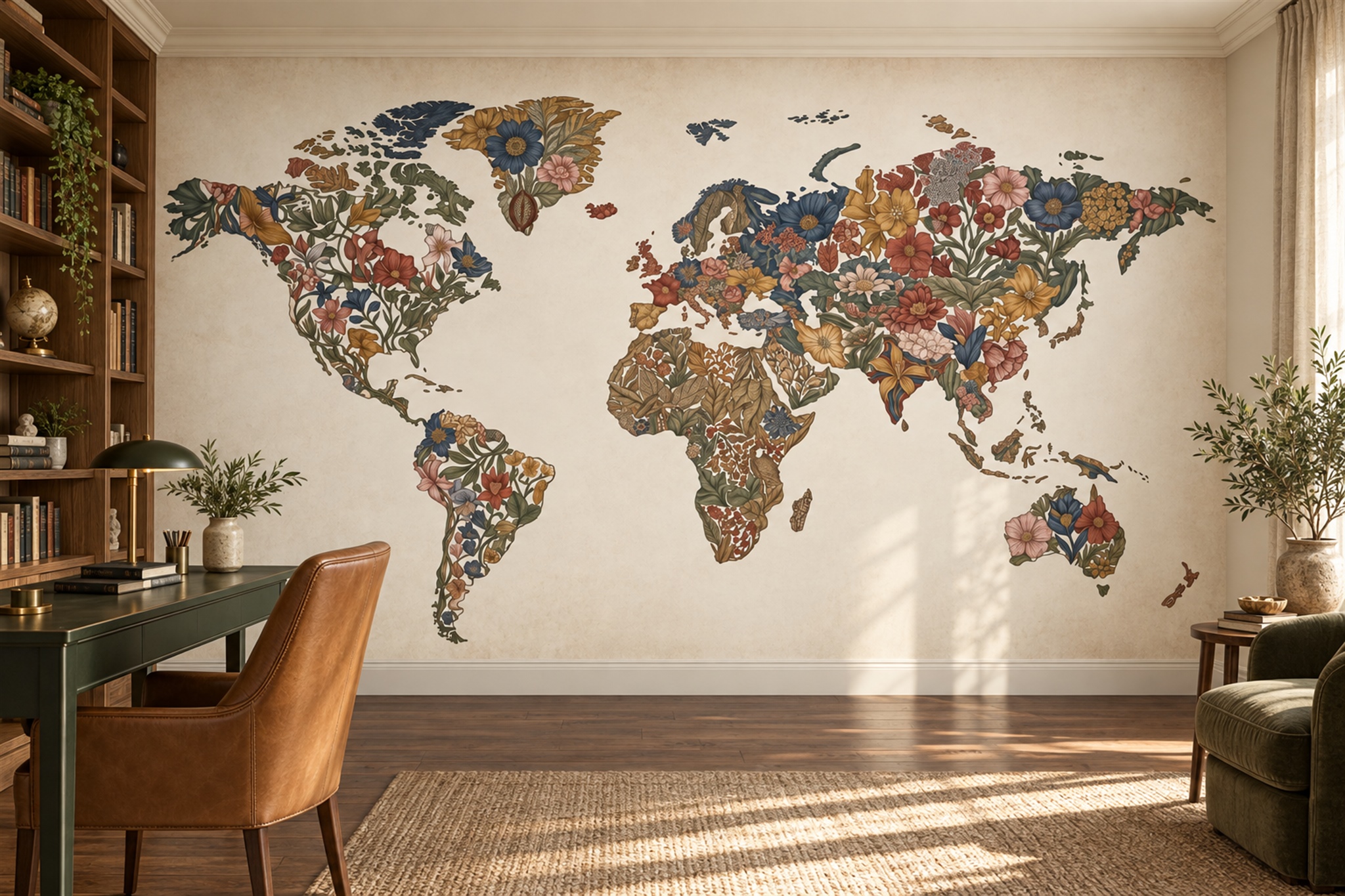 Beige Map Artful Wallpaper Mural Home-office-wallpaper-murals, Peel-and-stick Finish