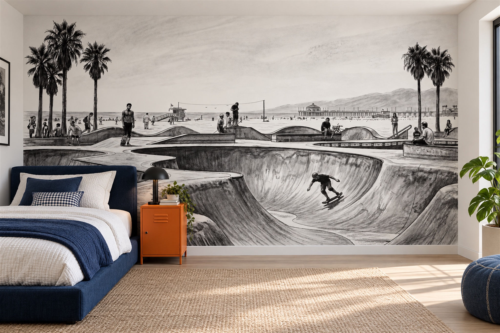 Monochrome Beach Skatepark And Palm Trees Wallpaper Mural — Installed Wallpaper Mural In A Bedroom, Peel-and-stick Finish