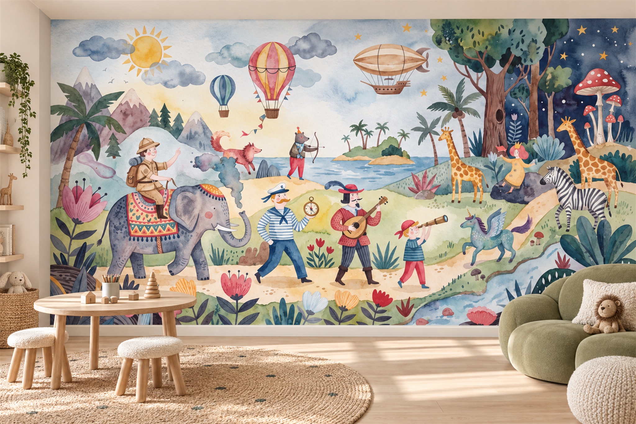 Pastel circus mural shown on a playroom wall