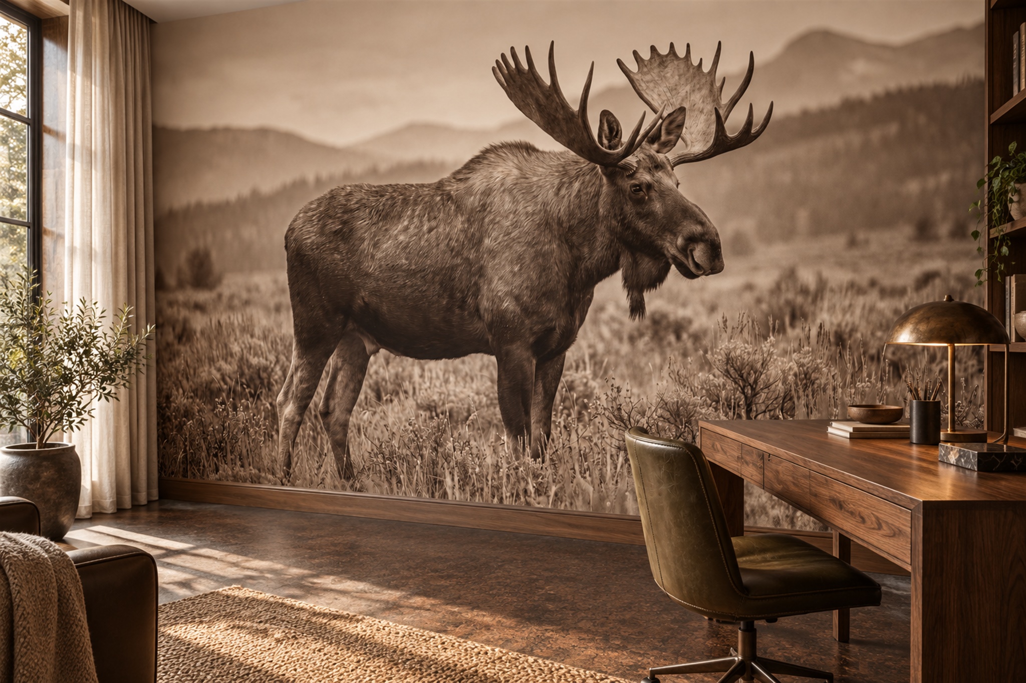 Sepia Moose In A Meadow Wallpaper Mural — Wallpaper Mural Design, Peel-and-stick Finish