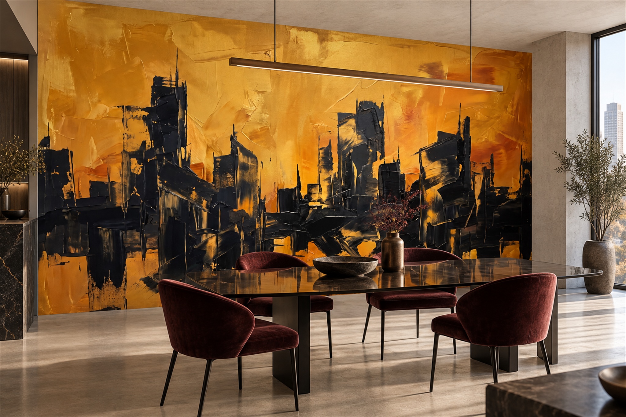 Gold Pattern Decorative Wallpaper Mural Layered Textured Wallpaper Mural Dining-room-wallpaper-murals, Shown In A Dining Room, Peel-and-stick Finish
