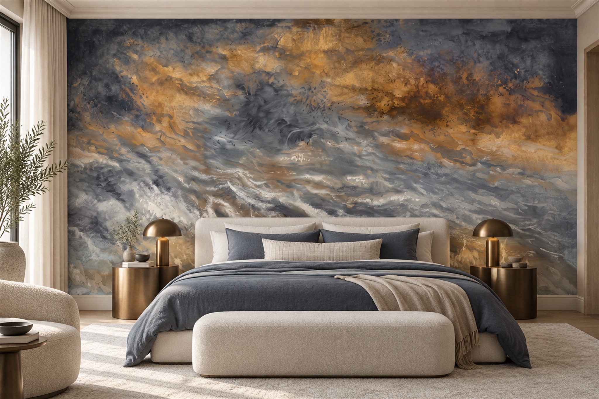 Gold Clouds Artful Wallpaper Mural Bedroom-wallpaper-murals, Peel-and-stick Finish