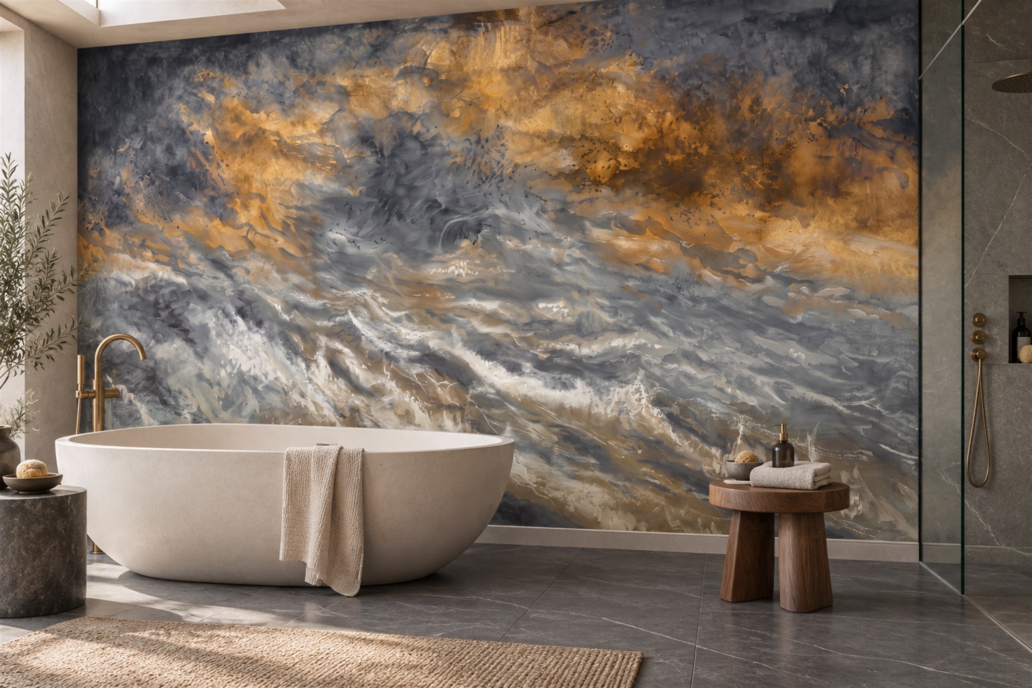Stormy Gold And Charcoal Watercolour Seascape Wallpaper Mural — Wallpaper Mural Design, Peel-and-stick Finish
