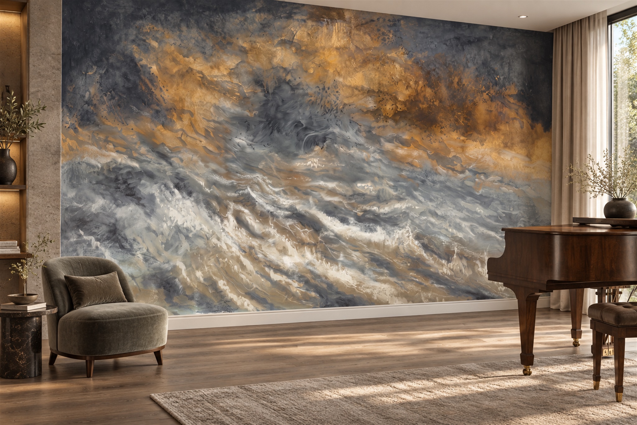 Gold Clouds Artful Wallpaper Mural, Peel-and-stick Finish