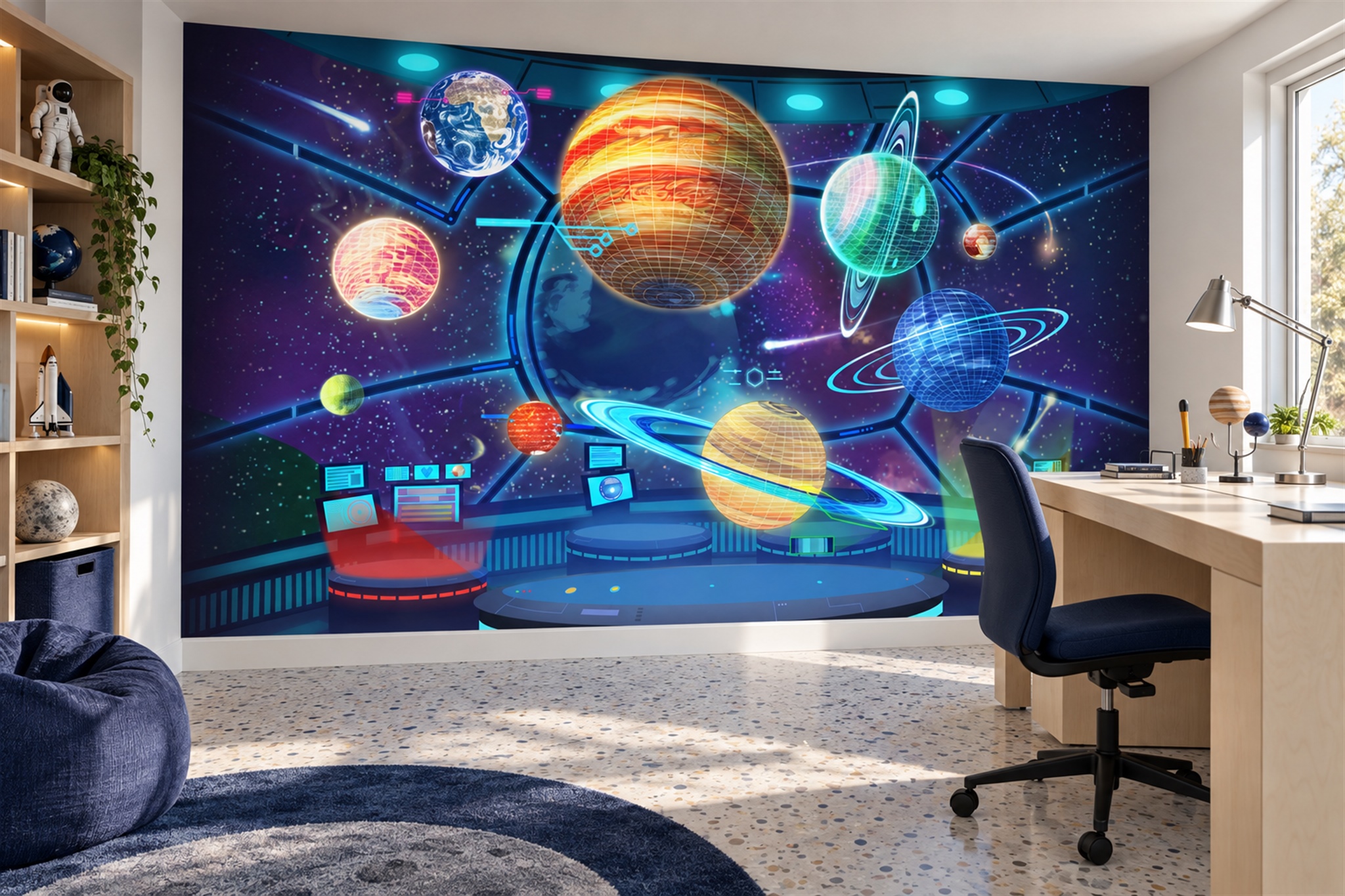 Blue Pattern Decorative Wallpaper Mural Brushwork Wallpaper Mural Home-office-wallpaper-murals, Shown In A Home Office, Peel-and-stick Finish