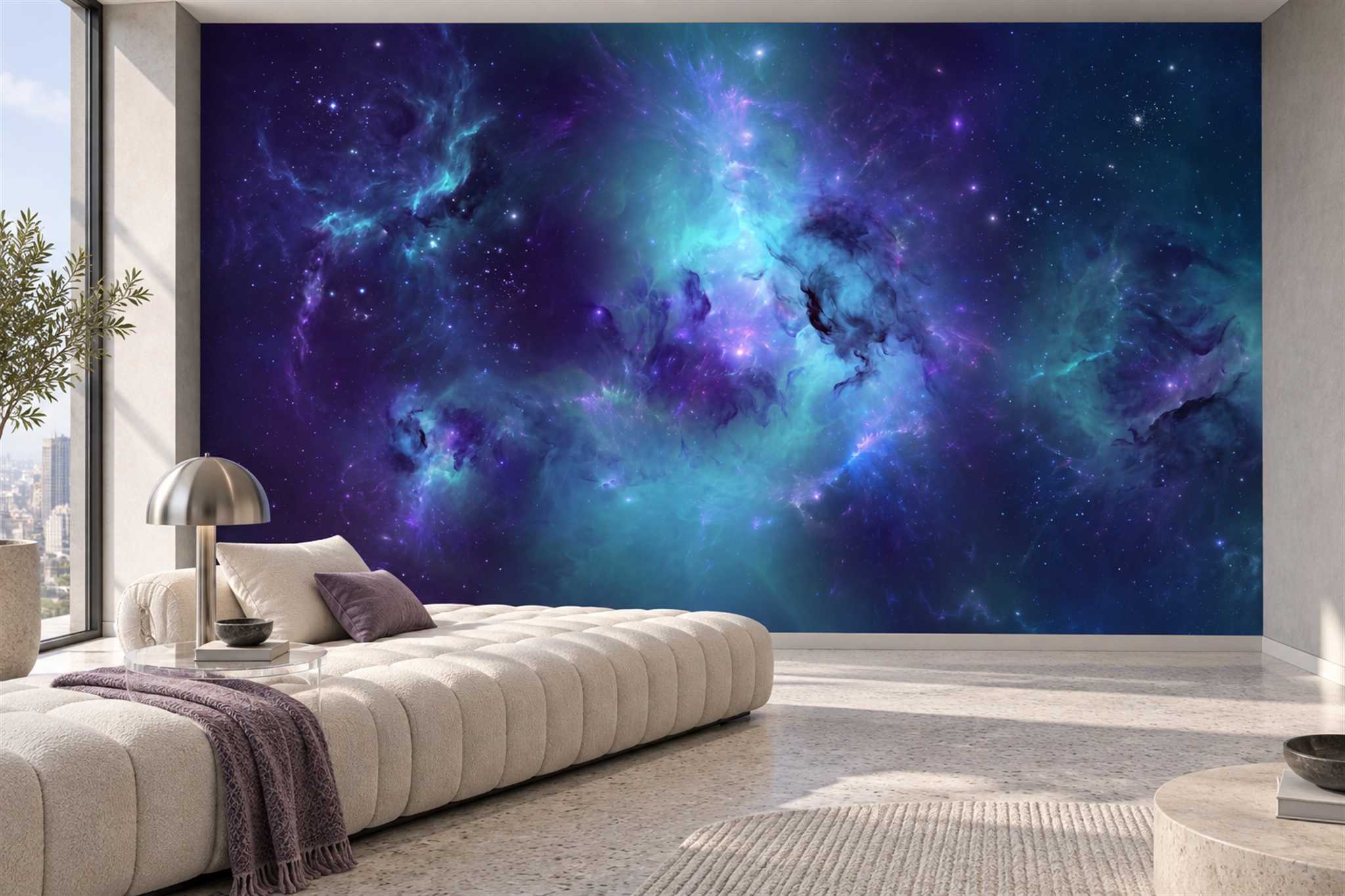Purple Pattern Decorative Organic Wallpaper Mural Living-room-wallpaper-murals, Shown In A Living Room, Peel-and-stick Finish