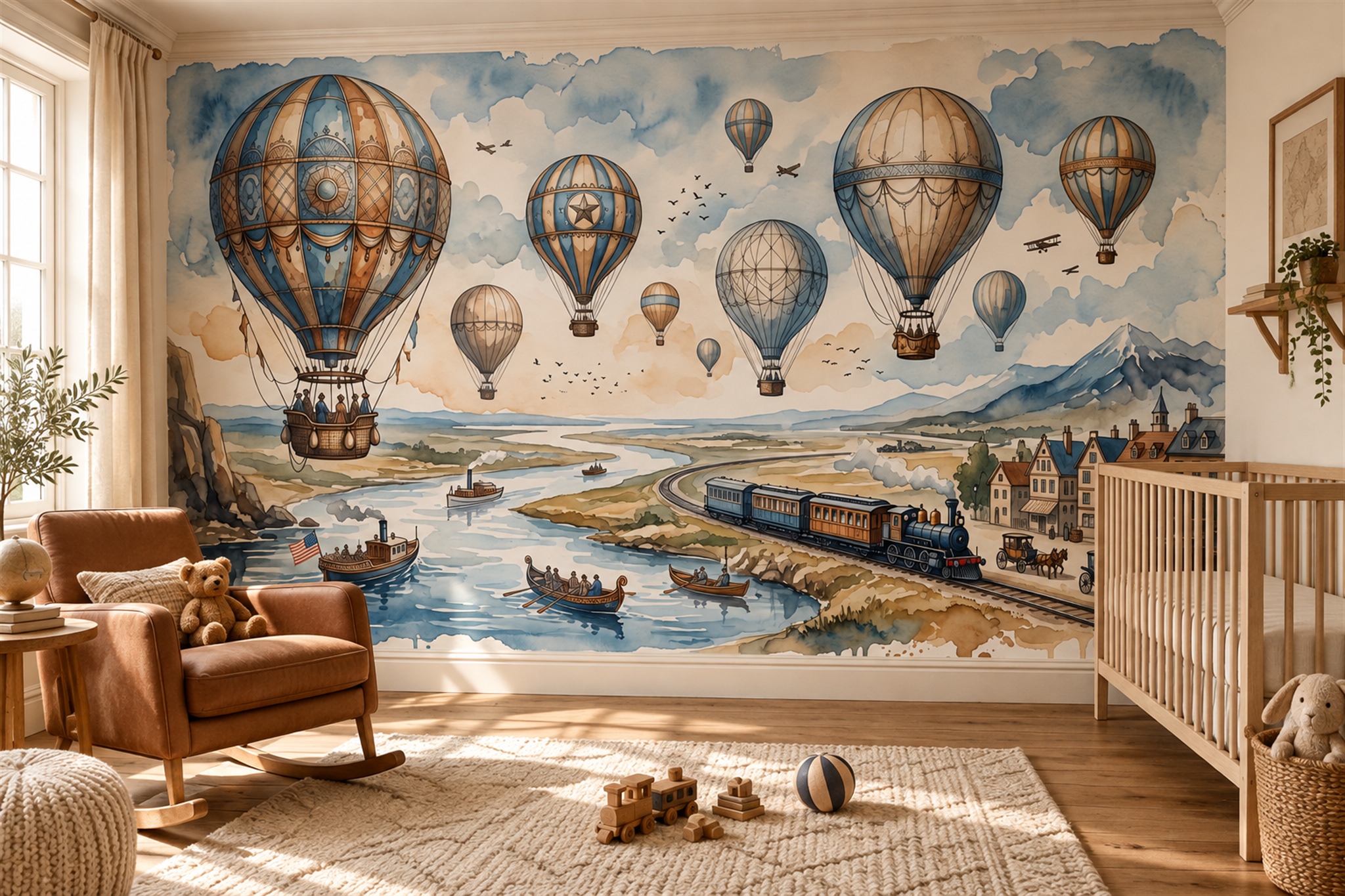 Hot Air Balloons Over A River Town Watercolour Wallpaper Mural — Installed Wallpaper Mural In A Nursery, Peel-and-stick Finish