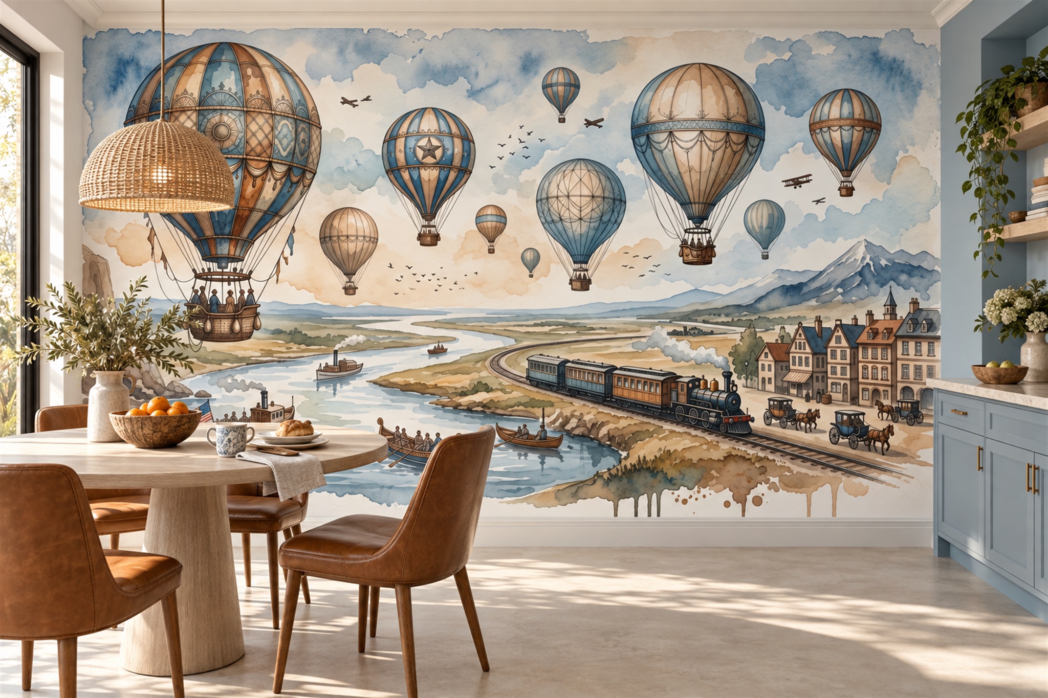 Blue Balloons Wallpaper Mural, Shown In A Dining Room, Peel-and-stick Finish