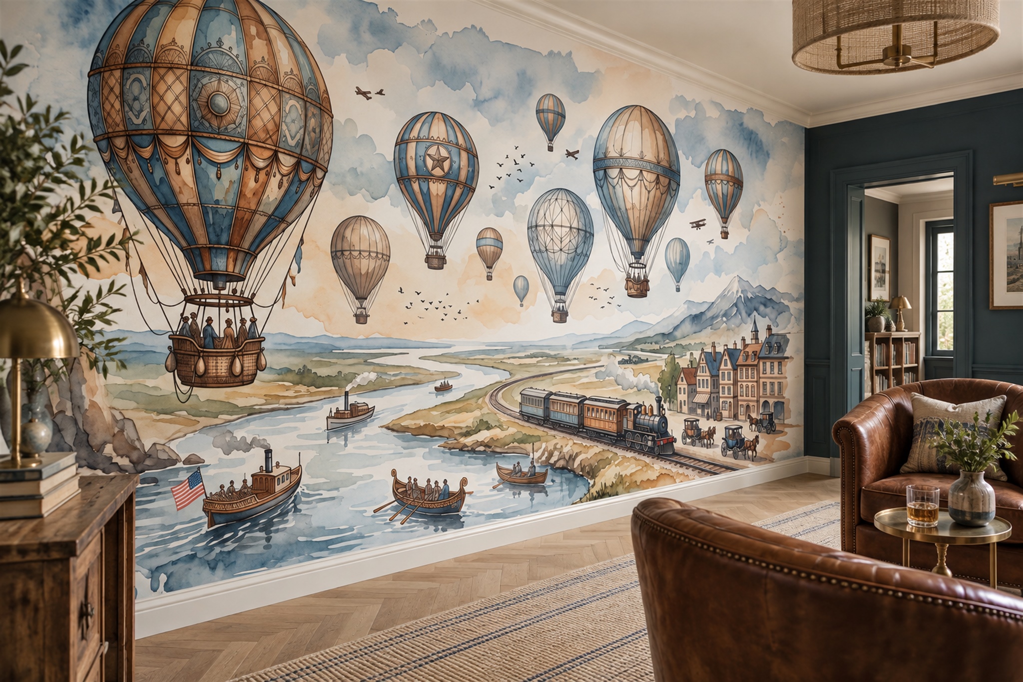 Blue Balloons Wallpaper Mural, Shown In A Home Office, Peel-and-stick Finish