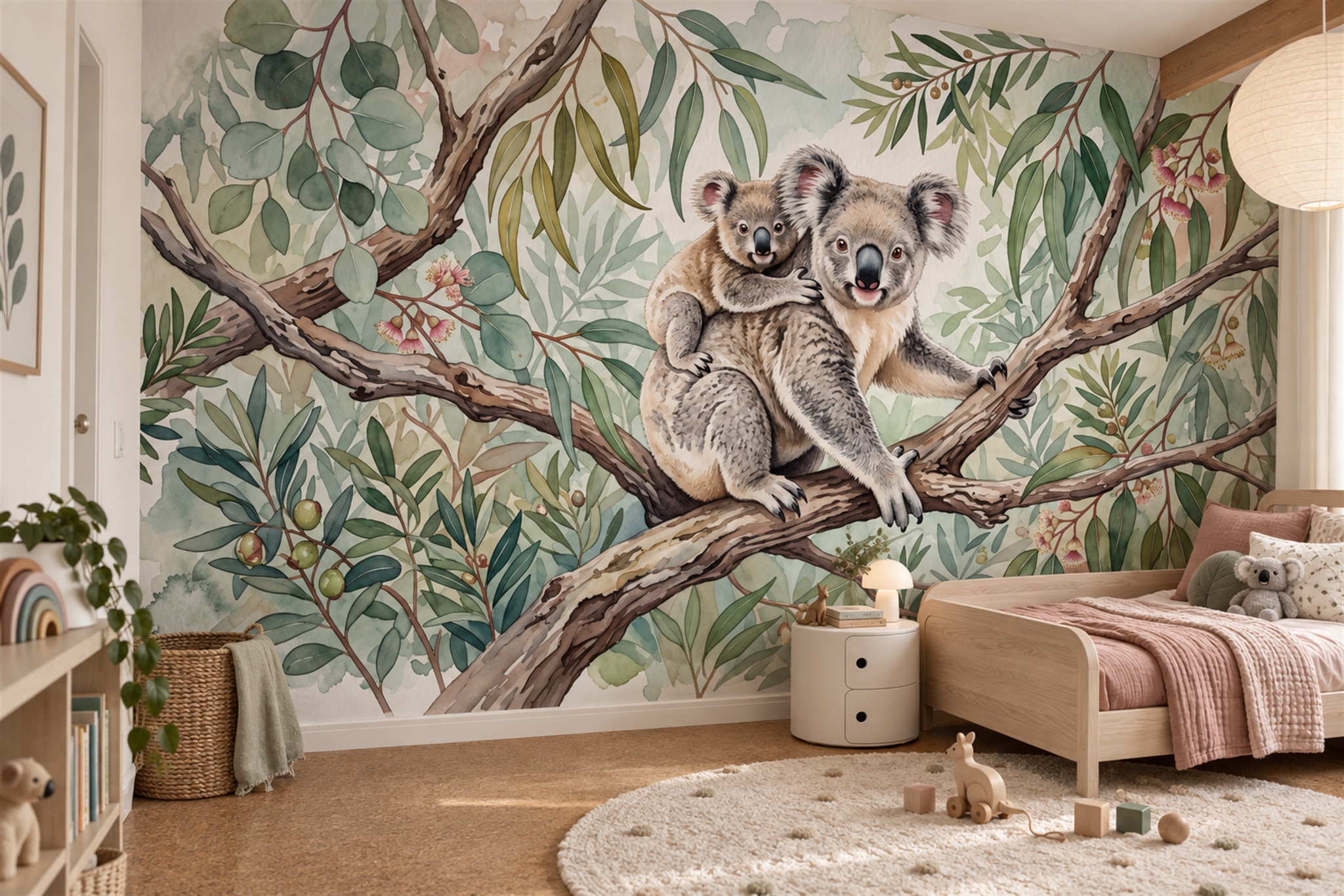 Koala Family In A Eucalyptus Tree Wallpaper Mural — Wallpaper Mural Design, Peel-and-stick Finish