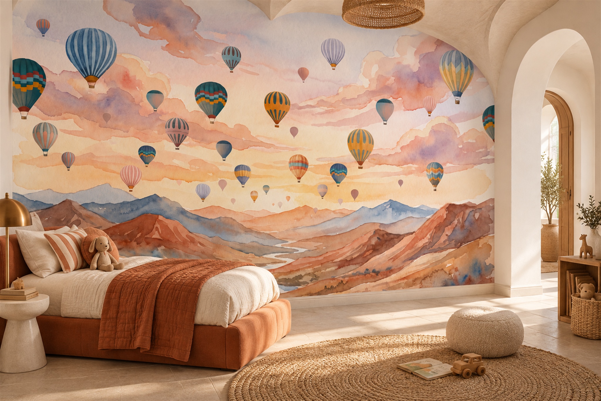 Hot Air Balloons Over Peach Desert Mountains Wallpaper Mural — Wallpaper Mural Design, Peel-and-stick Finish