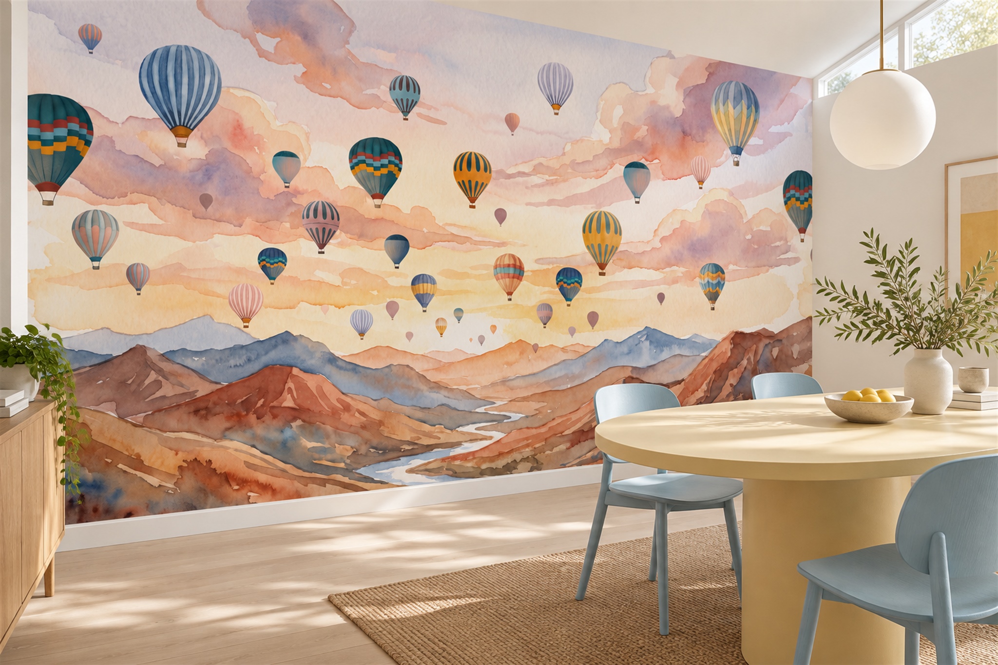 Peach Pattern Decorative Wallpaper Mural Layered Painterly Wallpaper Dining-room-wallpaper-murals, Shown In A Dining Room, Peel-and-stick Finish