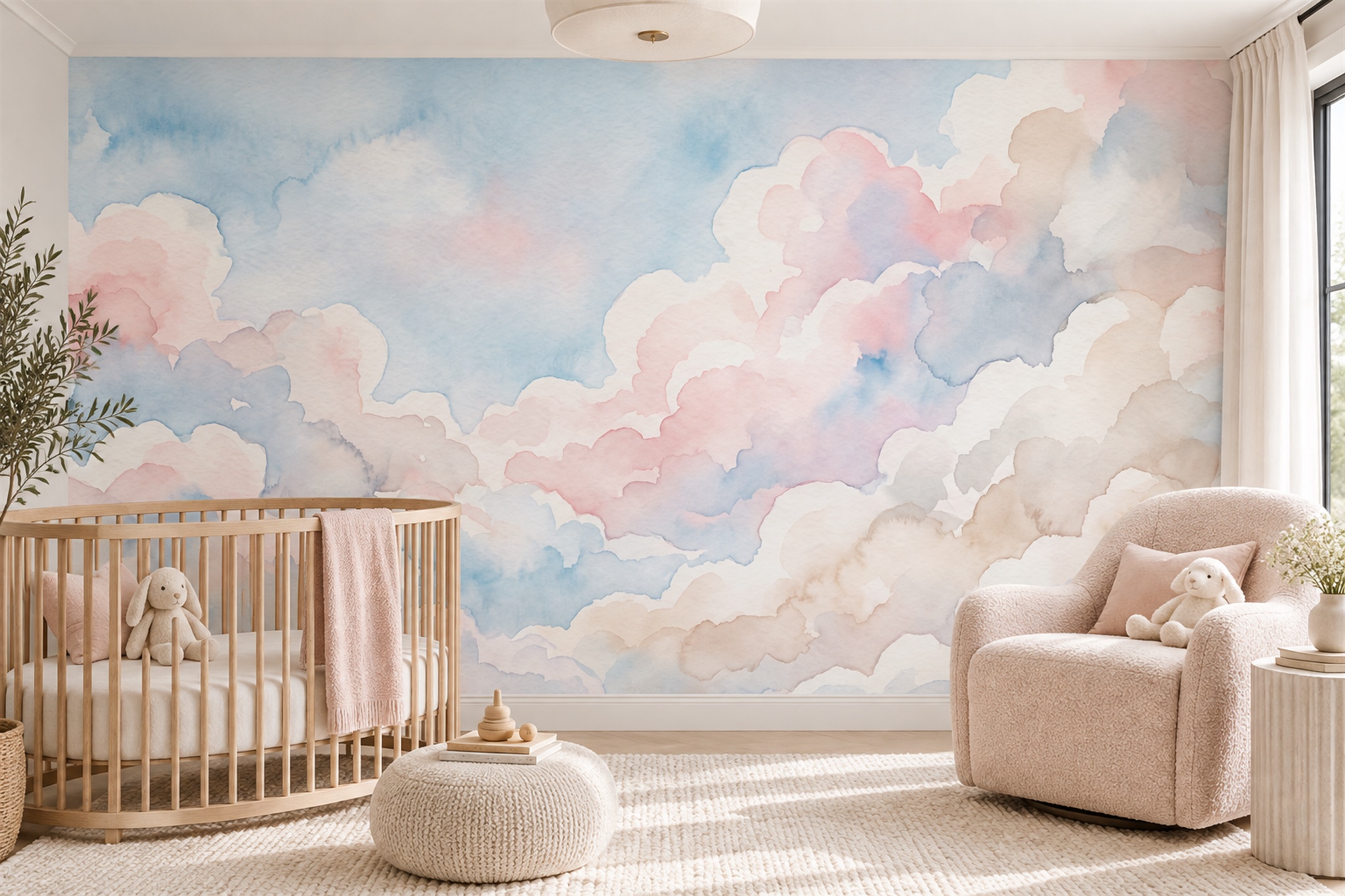 Pastel Clouds Artful Wallpaper Mural Nursery-wallpaper-murals, Peel-and-stick Finish