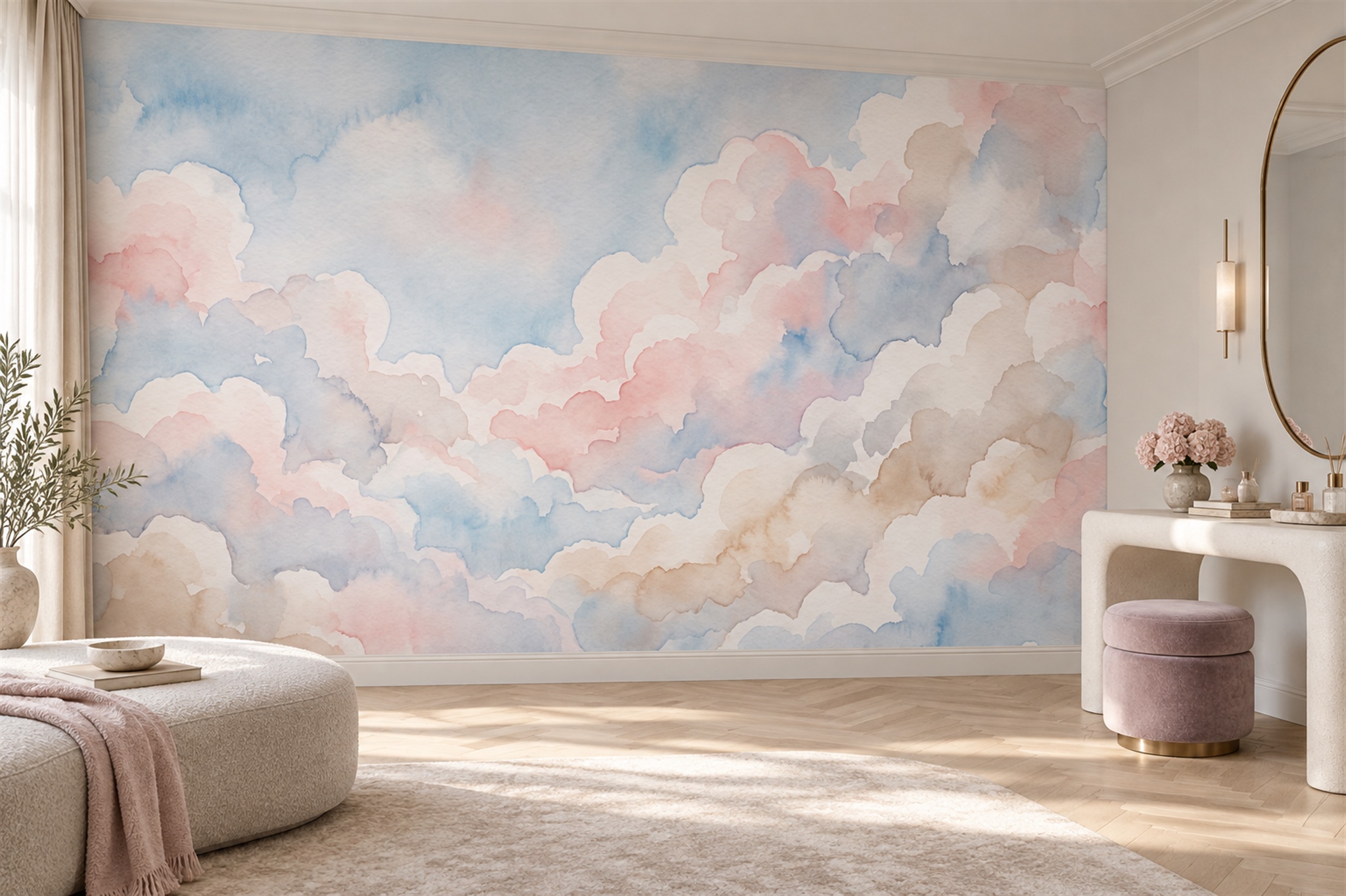 Pastel Clouds Artful Wallpaper Mural Accent-wall-wallpaper-murals, Peel-and-stick Finish
