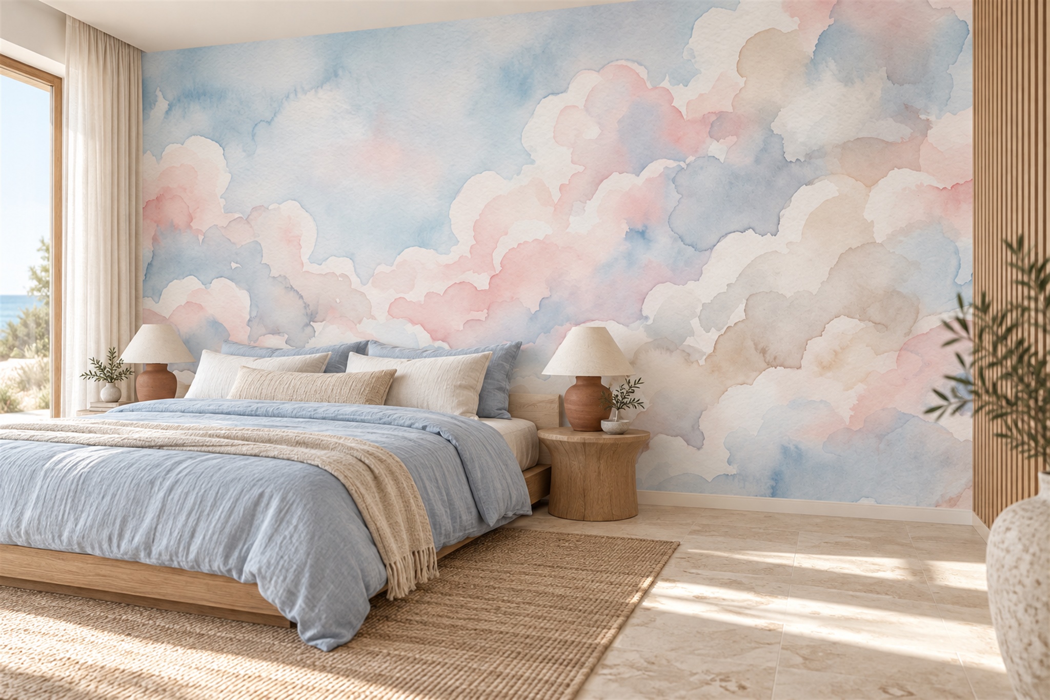 Pastel Clouds Artful Wallpaper Mural Bedroom-wallpaper-murals, Peel-and-stick Finish