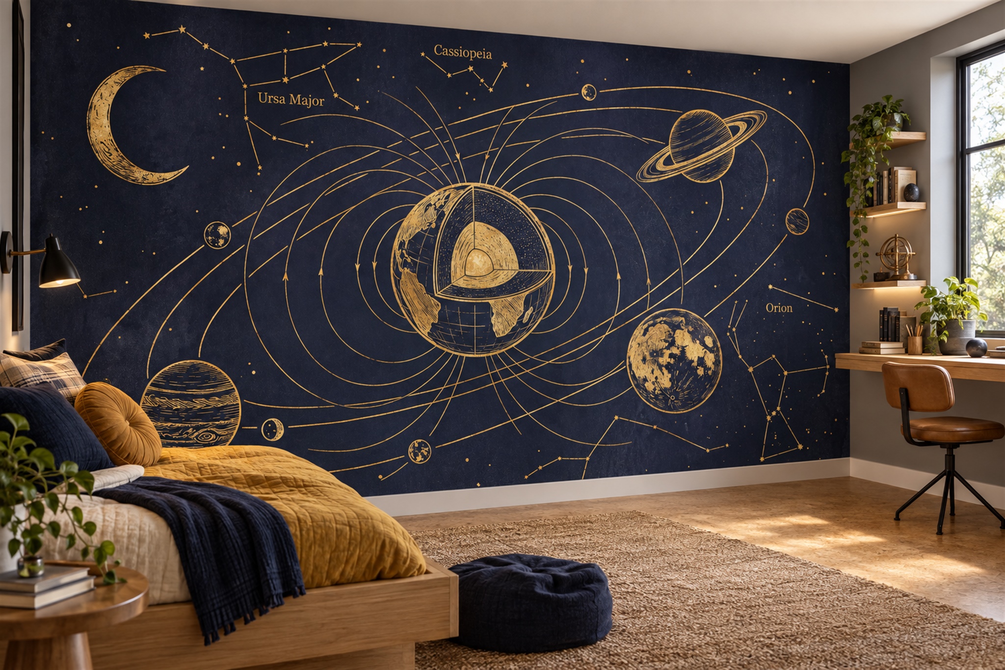 Navy Solar System And Golden Orbit Diagram Wallpaper Mural — Wallpaper Mural Design, Peel-and-stick Finish