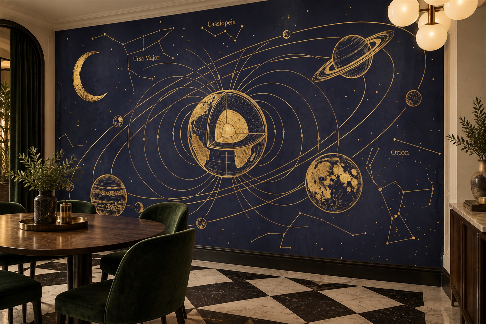 Gold Vintage Artful Wallpaper Mural Dining-room-wallpaper-murals, Shown In A Dining Room, Peel-and-stick Finish