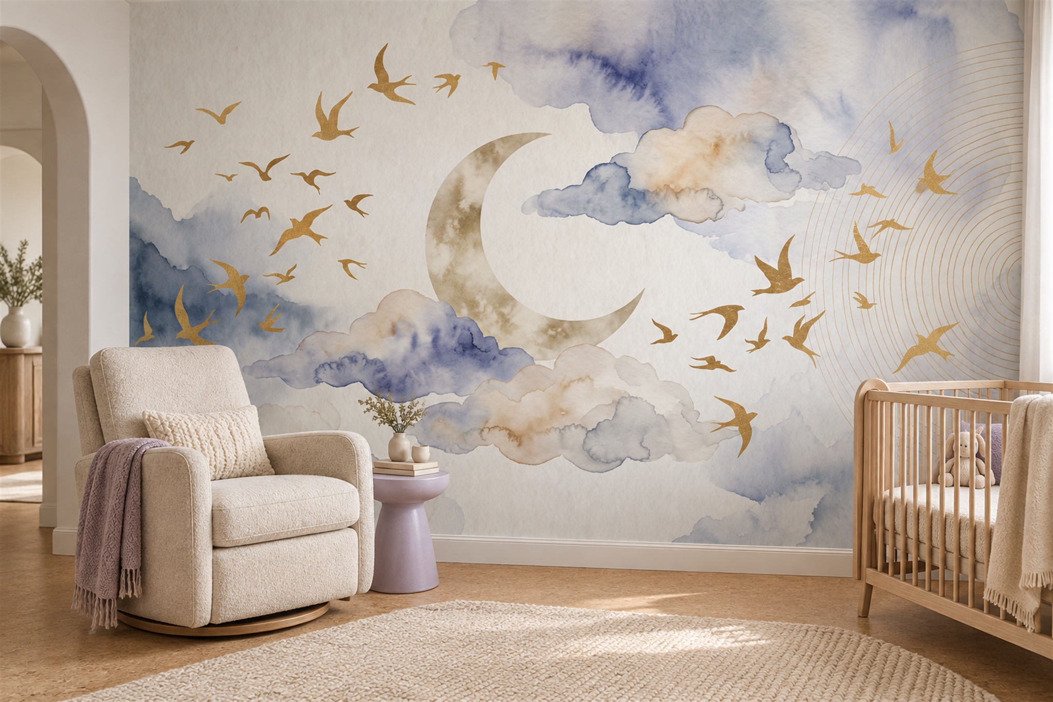 Blue Pattern Decorative Wallpaper Mural Layered Soft Wallpaper Mural Living-room-wallpaper-murals, Shown In A Living Room, Peel-and-stick Finish