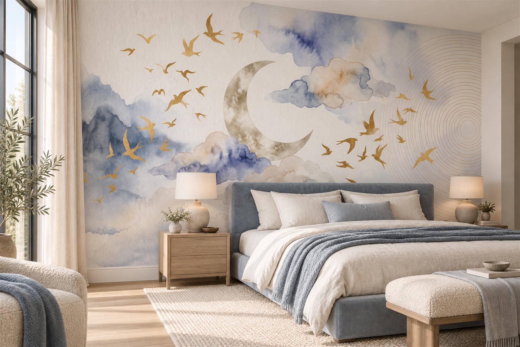 Blue Pattern Decorative Wallpaper Mural Layered Soft Wallpaper Mural Bedroom-wallpaper-murals, Peel-and-stick Finish