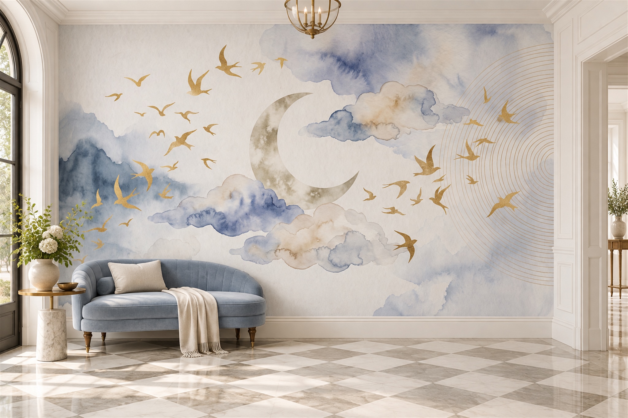 Blue Pattern Decorative Wallpaper Mural Layered Soft Wallpaper Mural Bedroom-wallpaper-murals, Peel-and-stick Finish