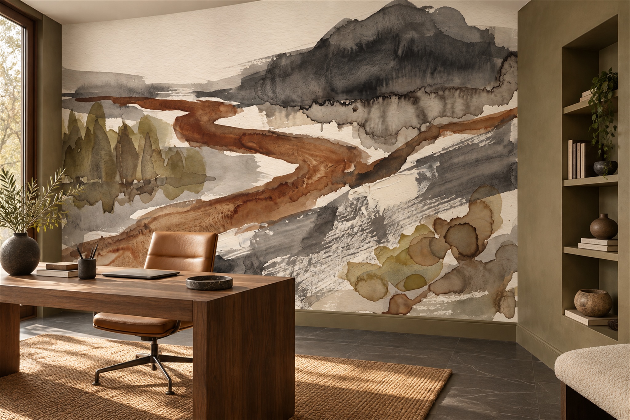Brown Landscape Scenic Decorative Wallpaper Mural Home-office-wallpaper-murals, Shown In A Home Office, Peel-and-stick Finish