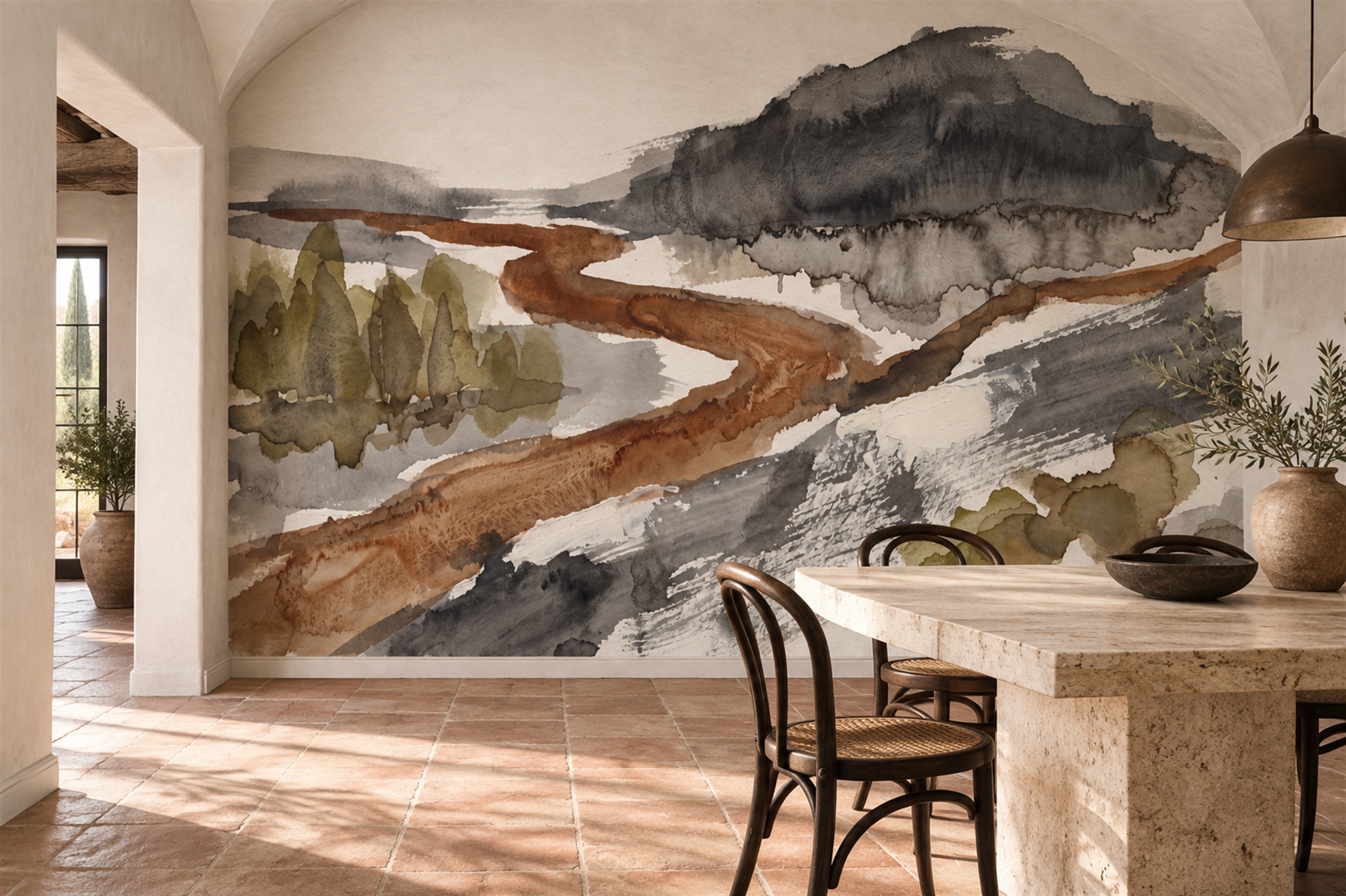 Brown Landscape Scenic Decorative Wallpaper Mural Dining-room-wallpaper-murals, Shown In A Dining Room, Peel-and-stick Finish