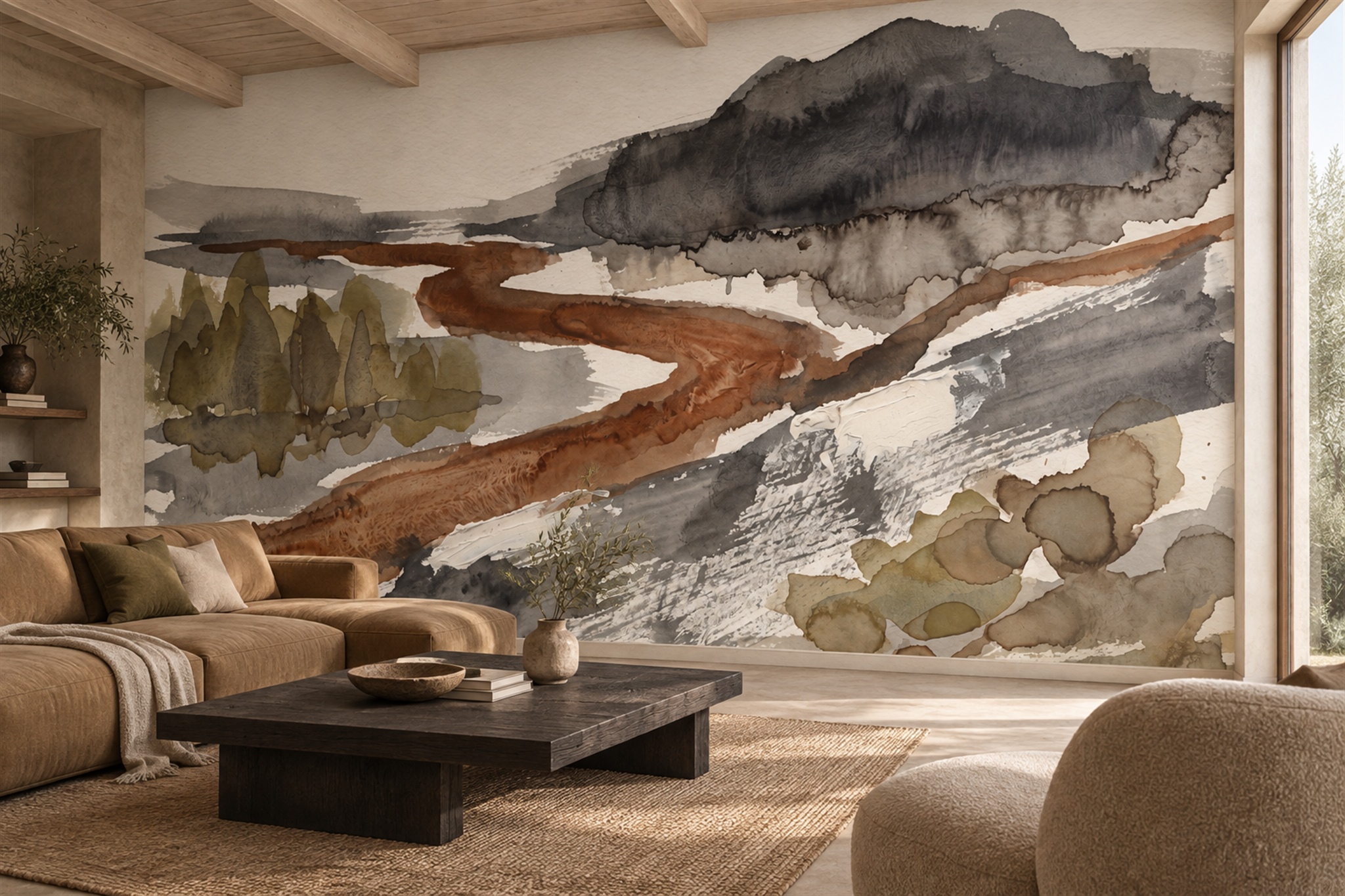 Rust Grey And Cream Abstract Mountain Landscape Wallpaper Mural — Wallpaper Mural Design, Peel-and-stick Finish