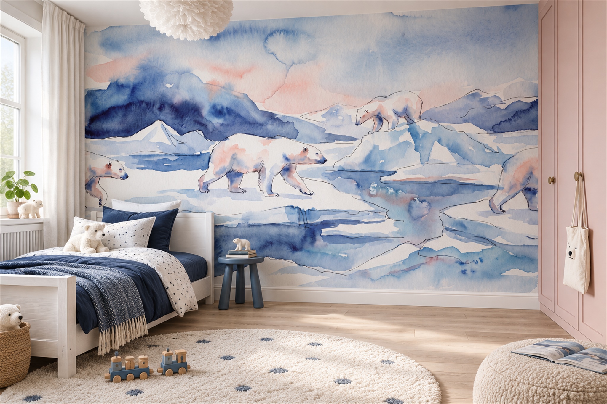 Polar Bears Crossing A Blue And White Arctic Ice Field Wallpaper Mural — Wallpaper Mural Design, Peel-and-stick Finish