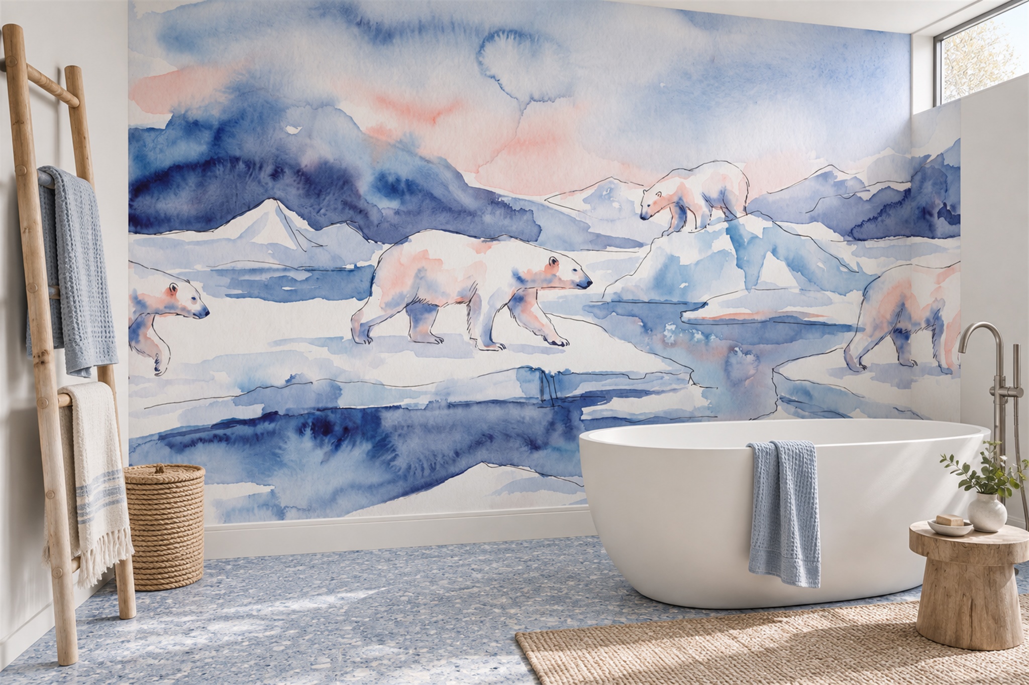 Blue Pattern Decorative Wallpaper Mural Layered Balanced Wallpaper Mural Bathroom-wallpaper-murals, Peel-and-stick Finish