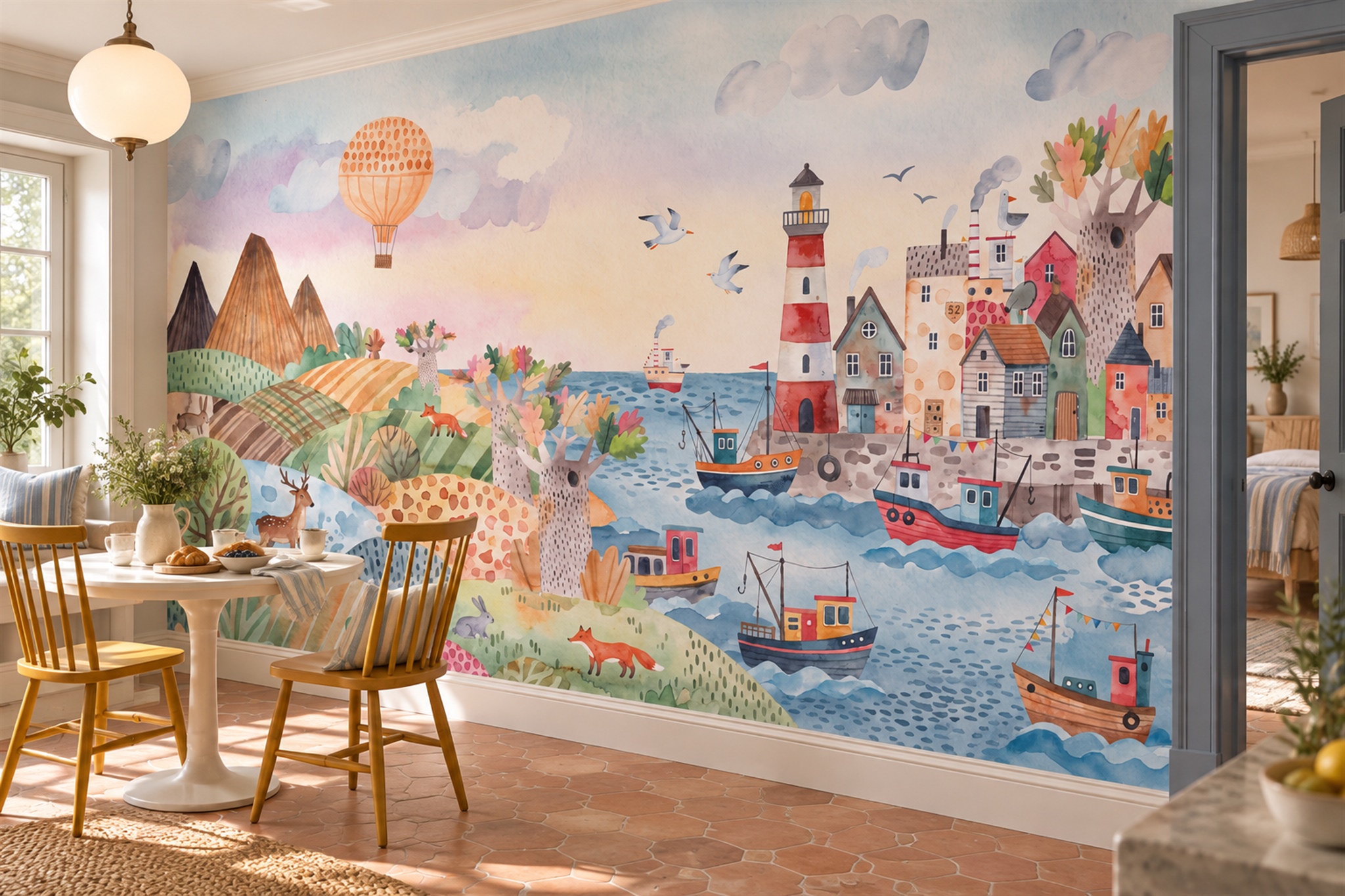 Pastel Pattern Decorative Organic Wallpaper Mural Dining-room-wallpaper-murals, Shown In A Dining Room, Peel-and-stick Finish