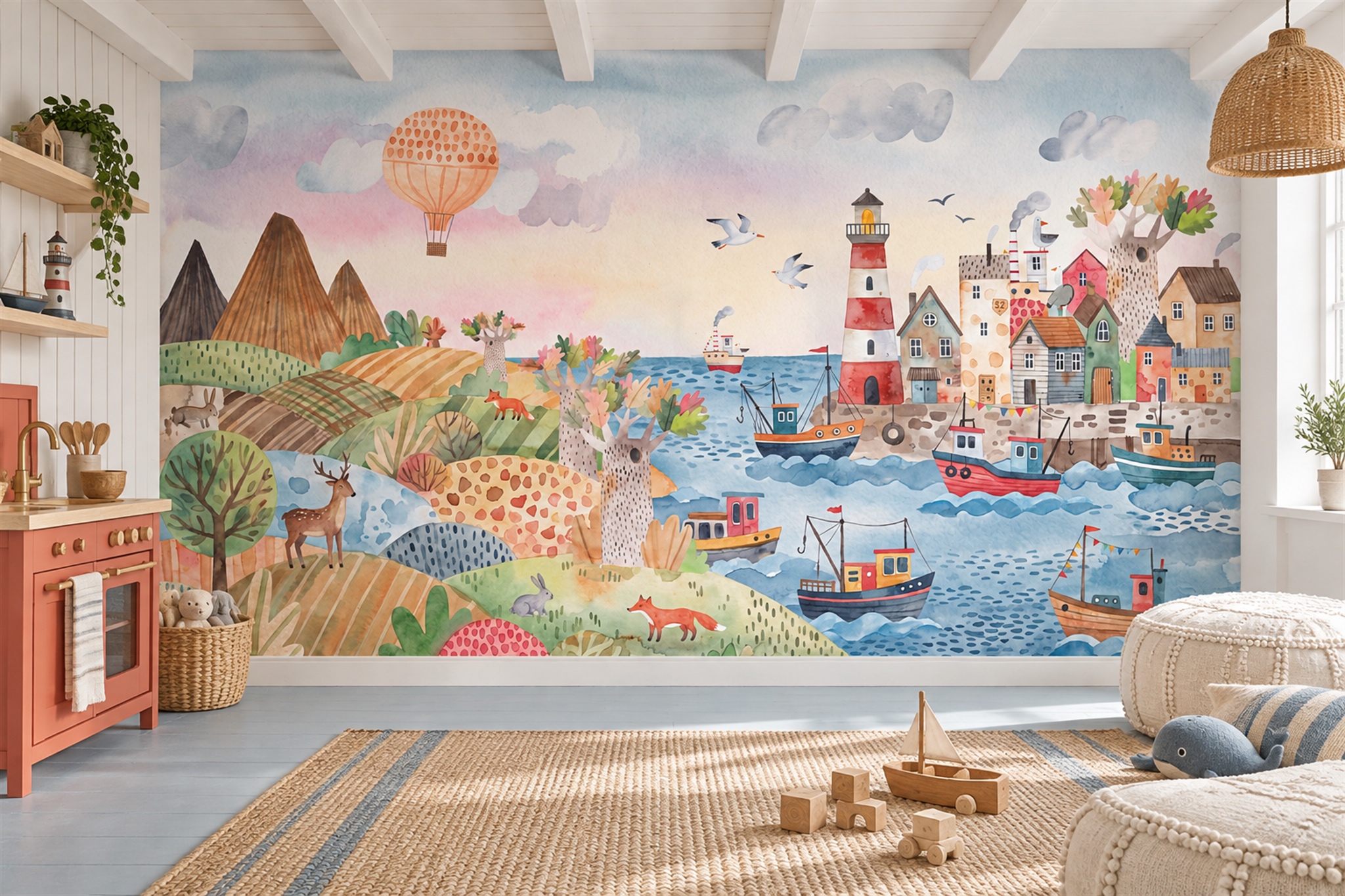 Storybook Coastal Village With Lighthouse And Fishing Boats Wallpaper Mural — Wallpaper Mural Design, Peel-and-stick Finish