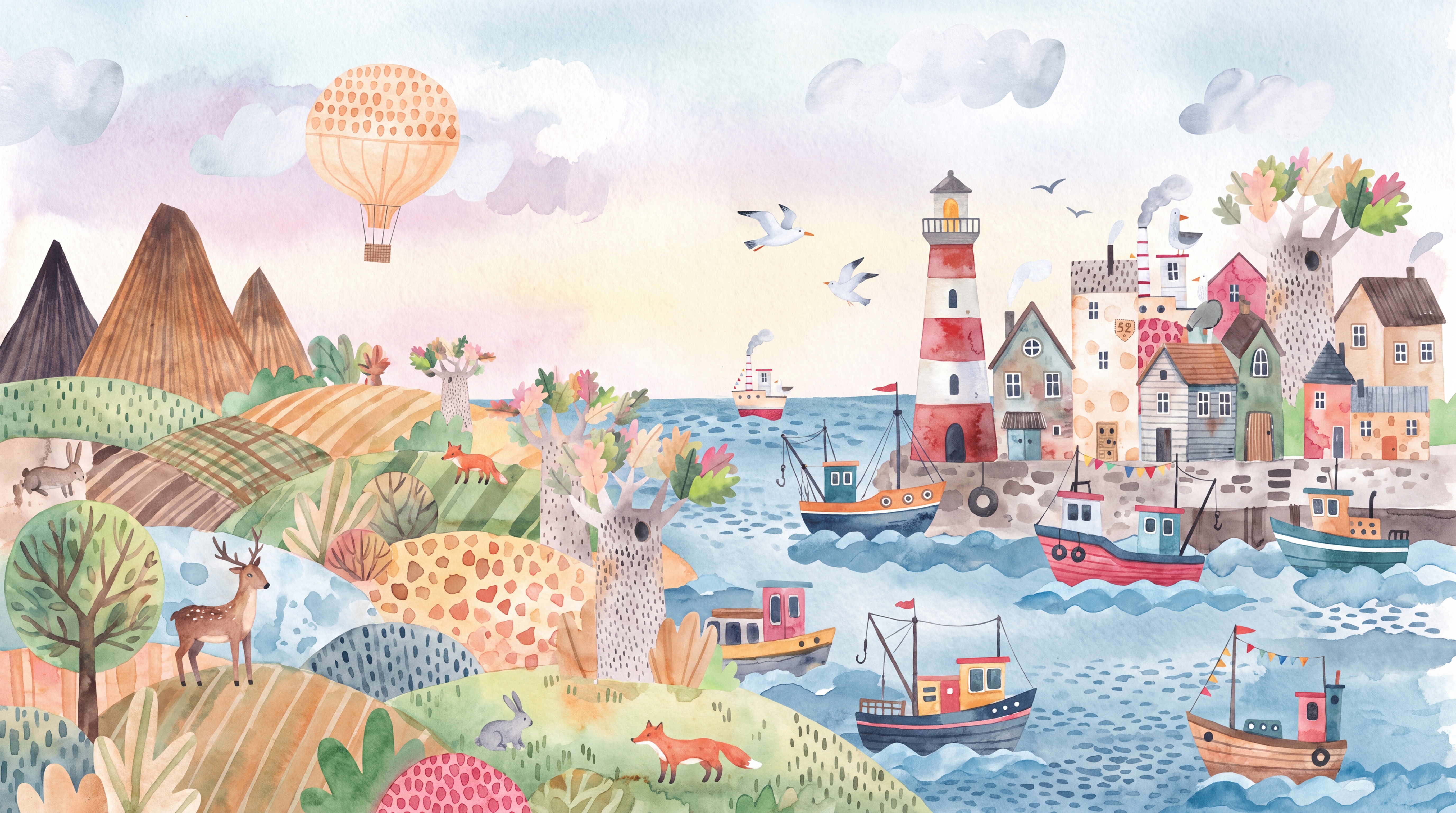 Landscape mural artwork with horizon lines that require careful seam alignment