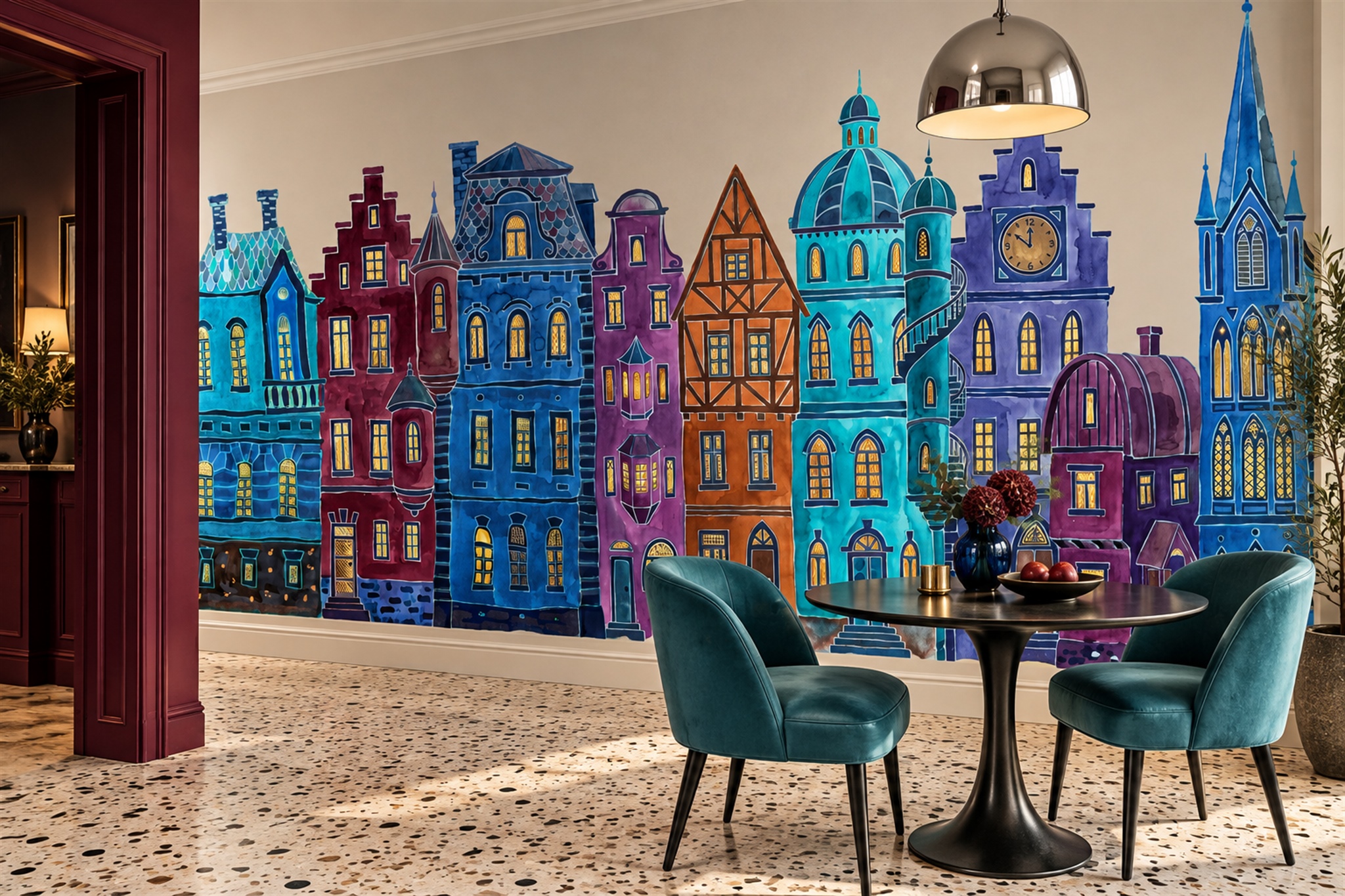 Colourful Storybook Townhouse Facades Wallpaper Mural — Wallpaper Mural Design, Peel-and-stick Finish