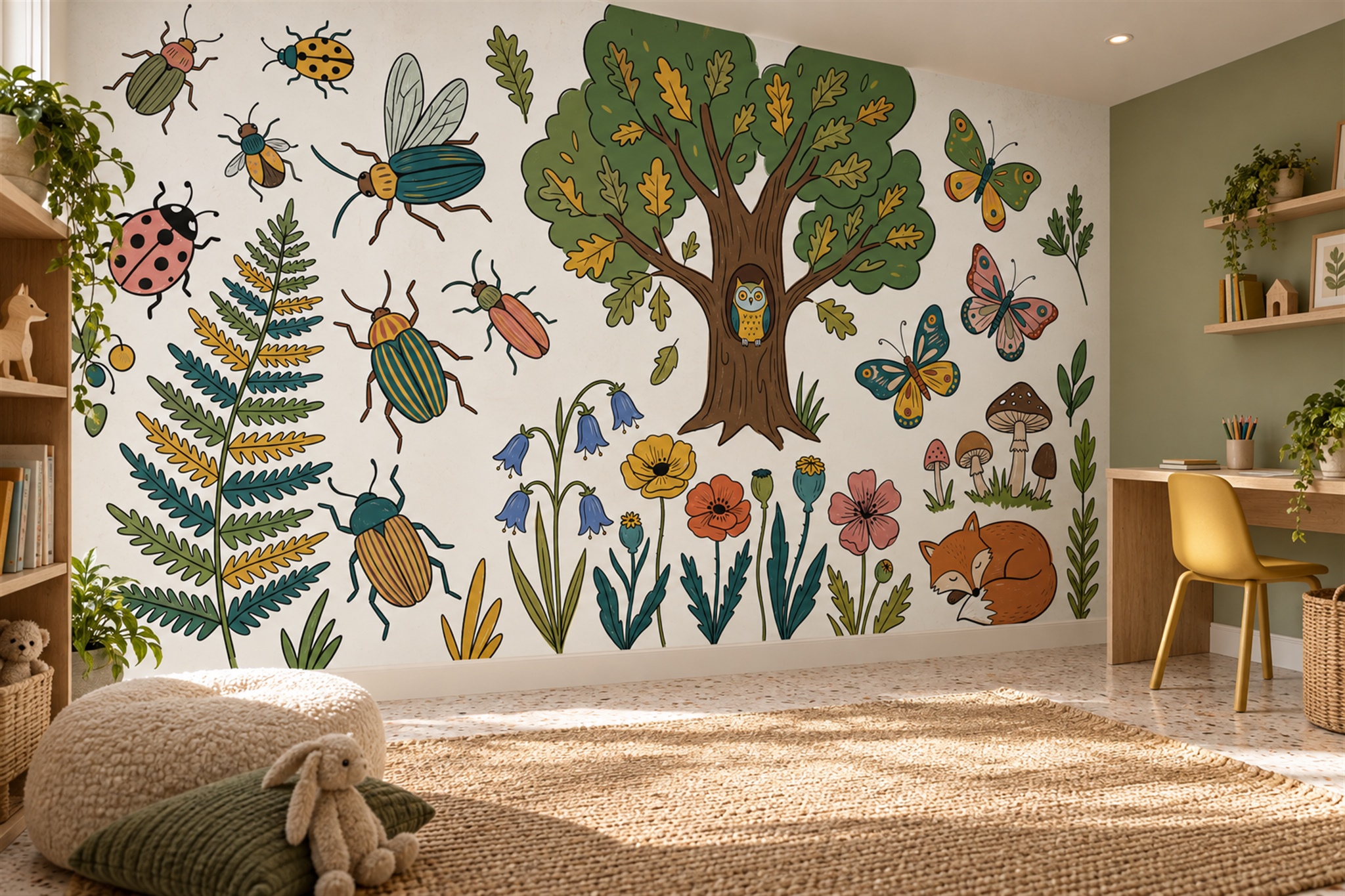 Woodland Animals, Insects And Flowers Learning Wallpaper Mural — Wallpaper Mural Design, Peel-and-stick Finish