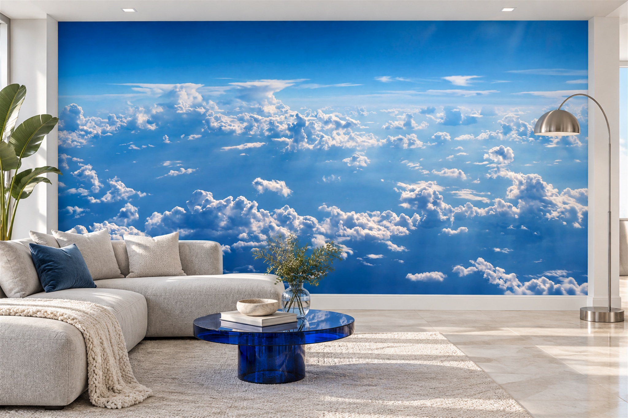 Blue Clouds Artful Wallpaper Mural Layered Marks Wallpaper Mural Living-room-wallpaper-murals, Peel-and-stick Finish