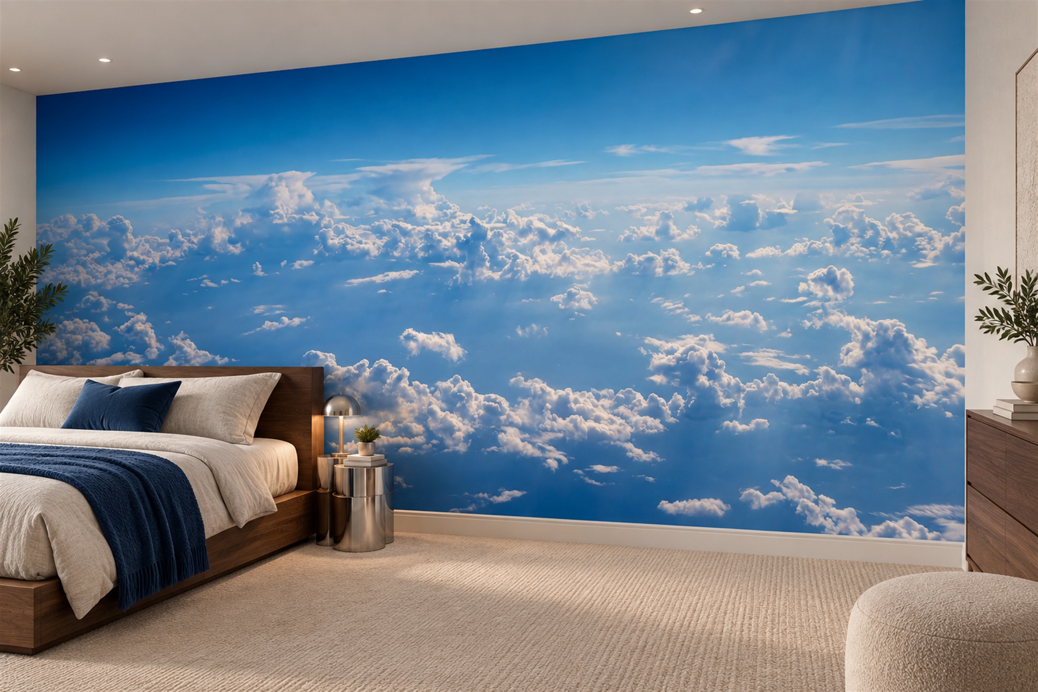 Blue Clouds Artful Wallpaper Mural Layered Marks Wallpaper Mural Living-room-wallpaper-murals, Peel-and-stick Finish