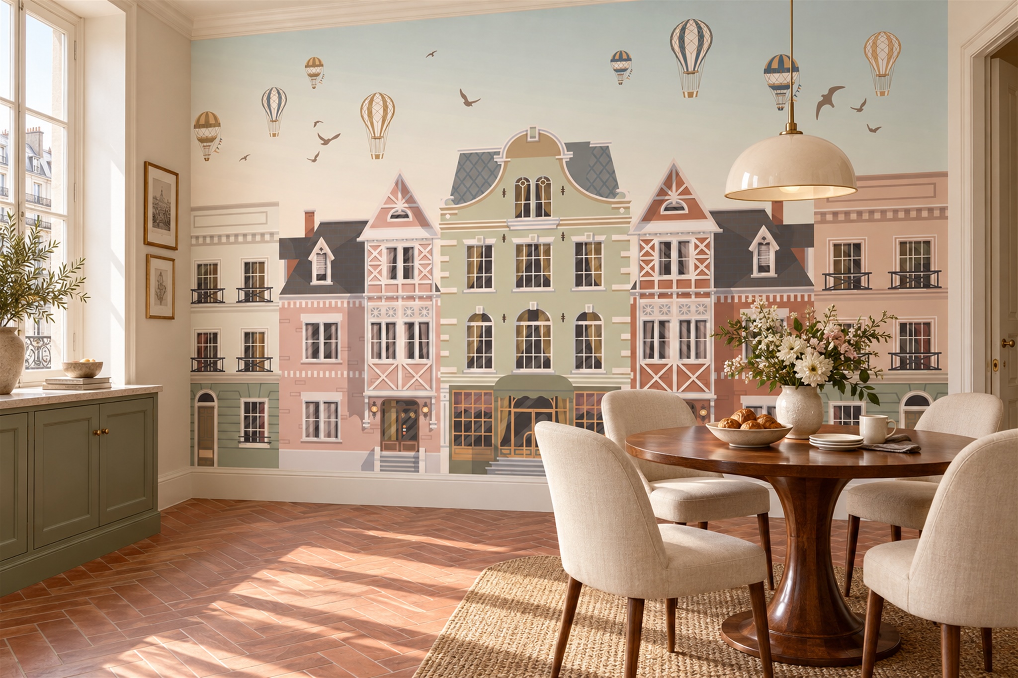 Pink Pattern Decorative Wallpaper Mural Layered Brushwork Wallpaper Dining-room-wallpaper-murals, Shown In A Dining Room, Peel-and-stick Finish