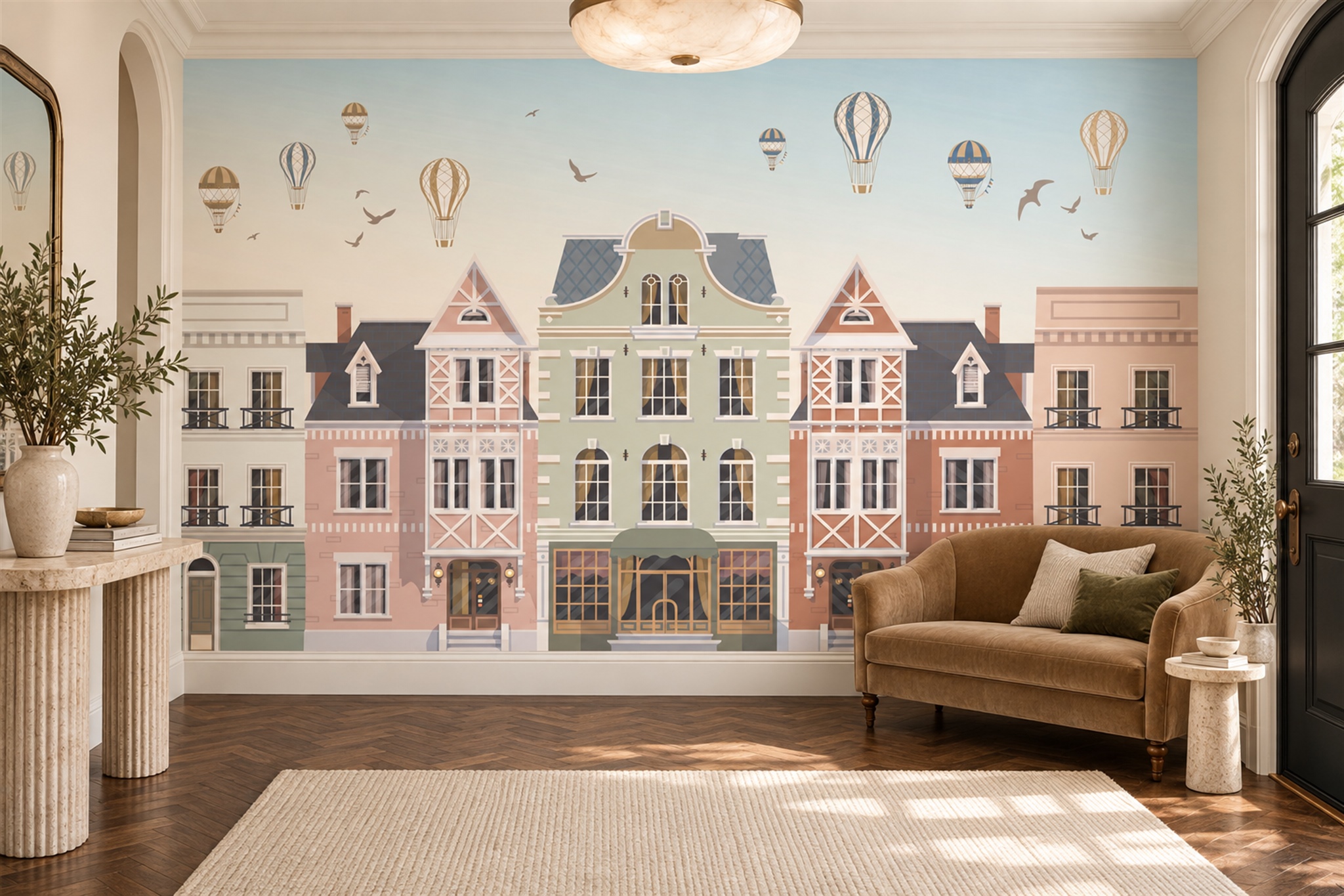 Pastel European Town And Hot Air Balloon Wallpaper Mural — Installed Wallpaper Mural In A Entryway, Peel-and-stick Finish