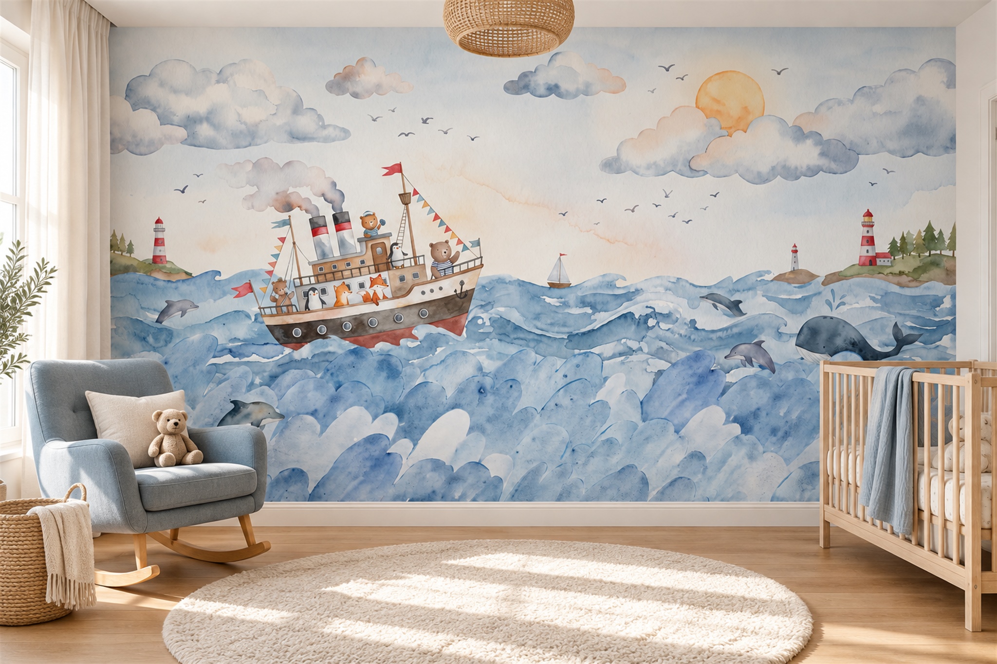 Blue Pattern Decorative Wallpaper Mural Layered Bold Wallpaper Mural Nursery-wallpaper-murals, Peel-and-stick Finish