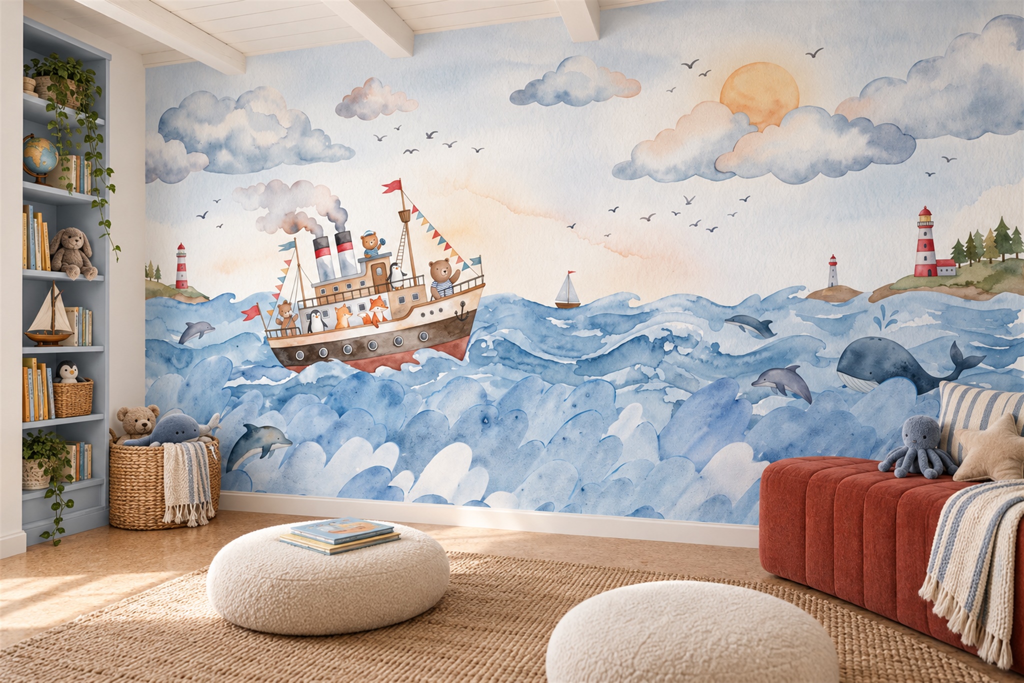 Storybook Animal Boat On A Blue Ocean Wallpaper Mural — Wallpaper Mural Design, Peel-and-stick Finish