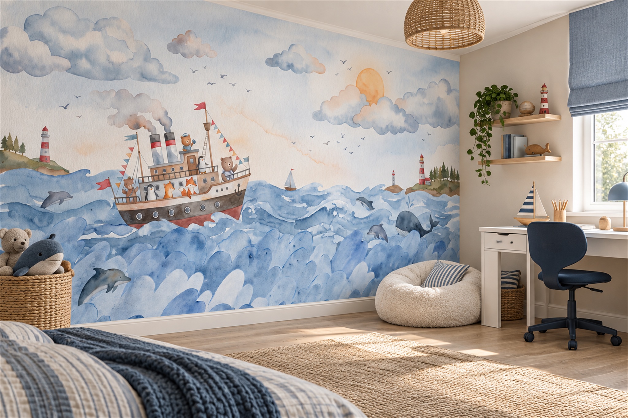 Blue Pattern Decorative Wallpaper Mural Layered Bold Wallpaper Mural Home-office-wallpaper-murals, Shown In A Home Office, Peel-and-stick Finish
