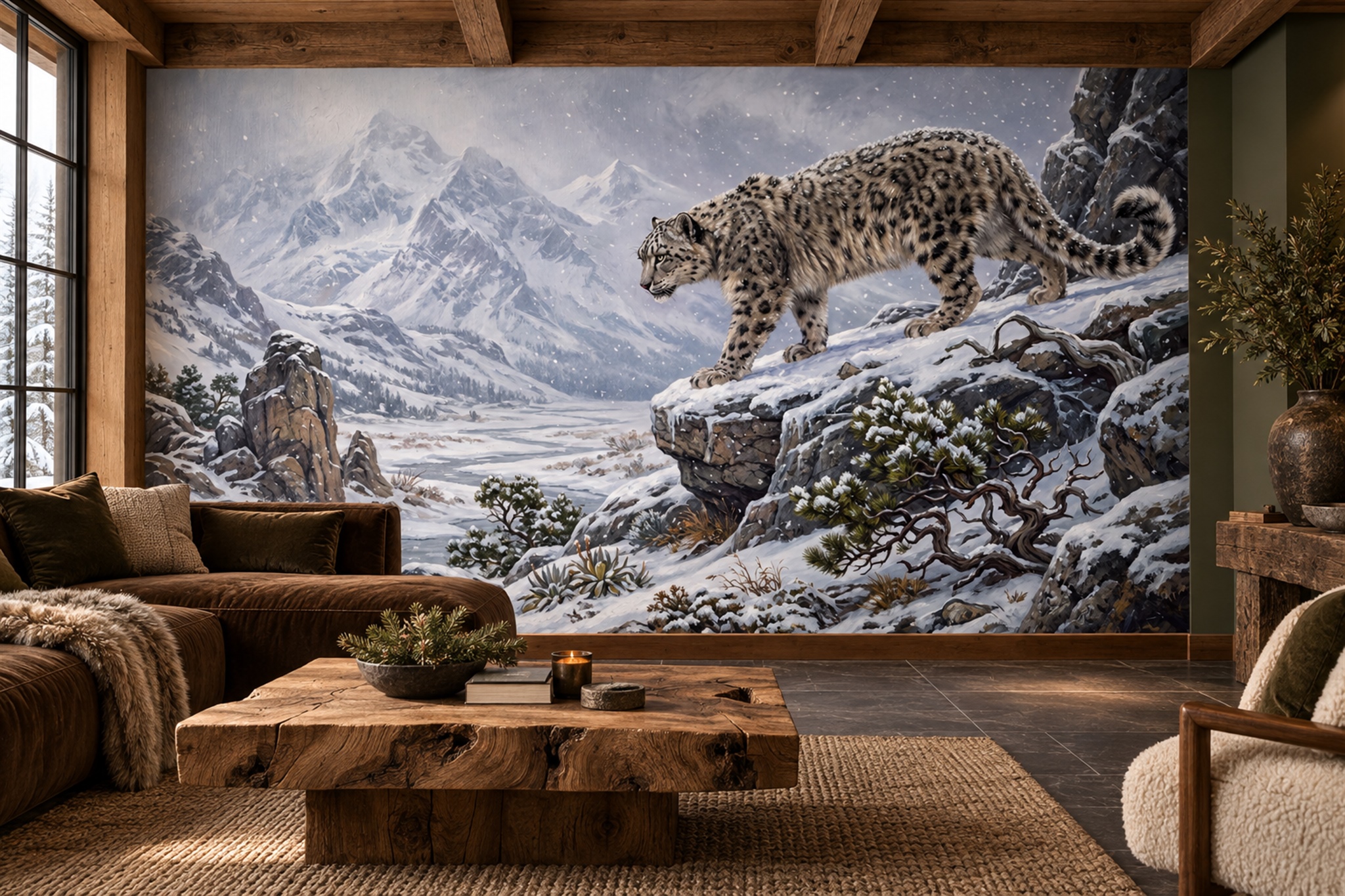 Snow Leopard Crossing A Snowy Mountain Ridge Wallpaper Mural — Wallpaper Mural Design, Peel-and-stick Finish