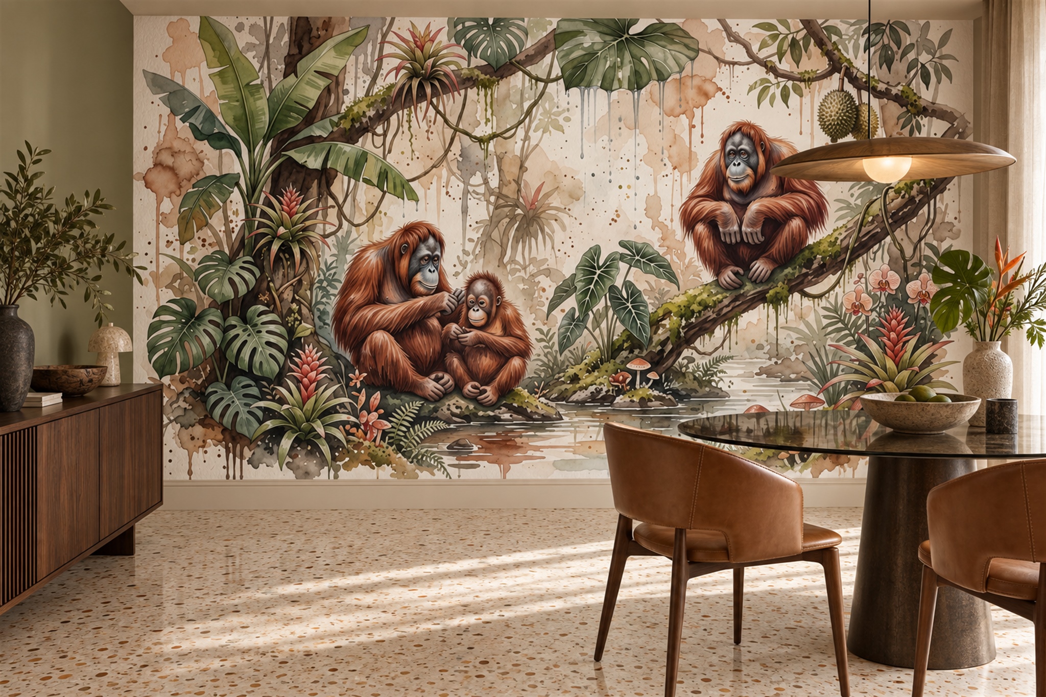 Green Pattern Decorative Wallpaper Mural Layered Expressive Wallpaper Dining-room-wallpaper-murals, Shown In A Dining Room, Peel-and-stick Finish