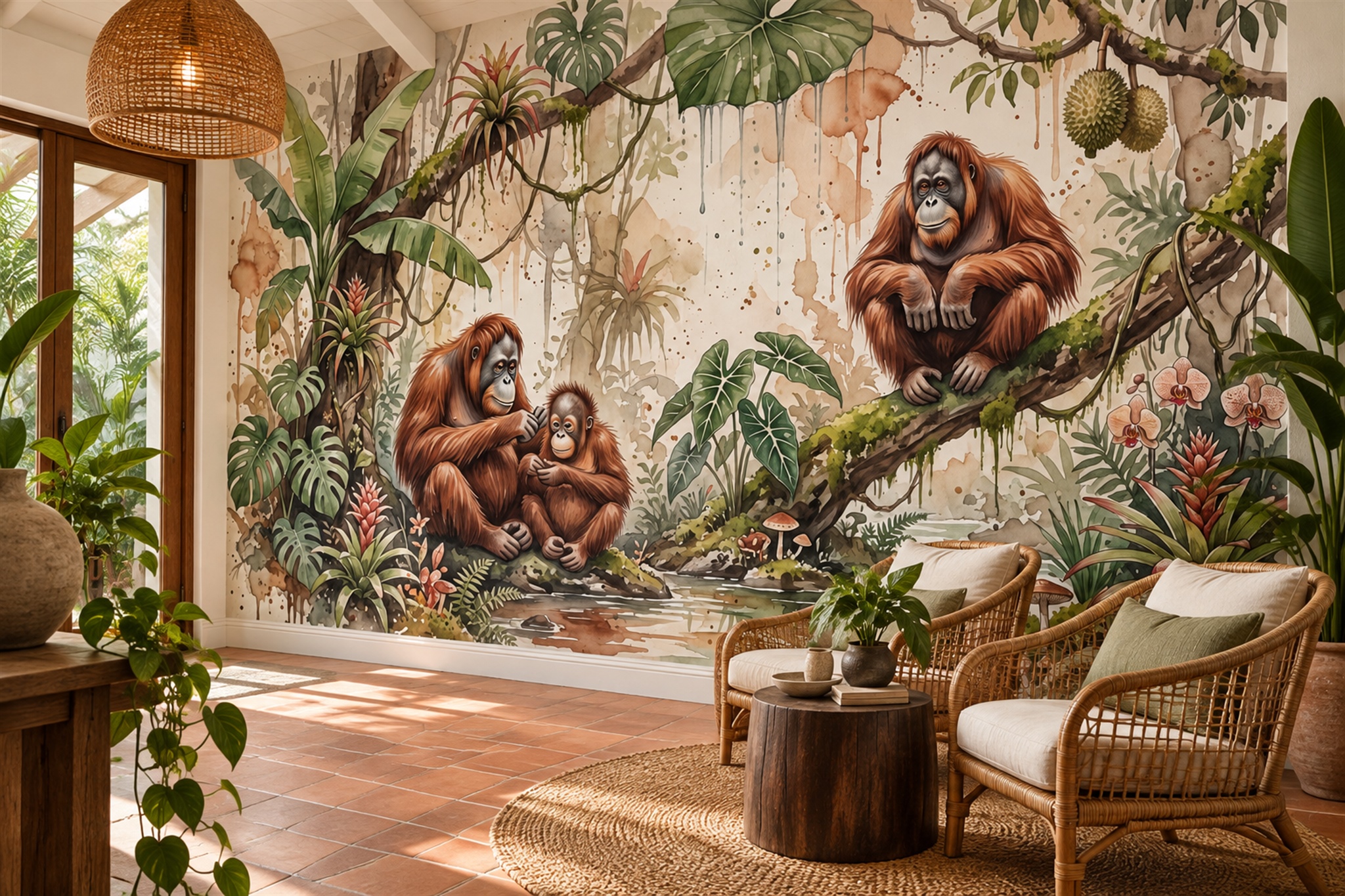 Orangutans In A Tropical Rainforest Wallpaper Mural — Wallpaper Mural Design, Peel-and-stick Finish