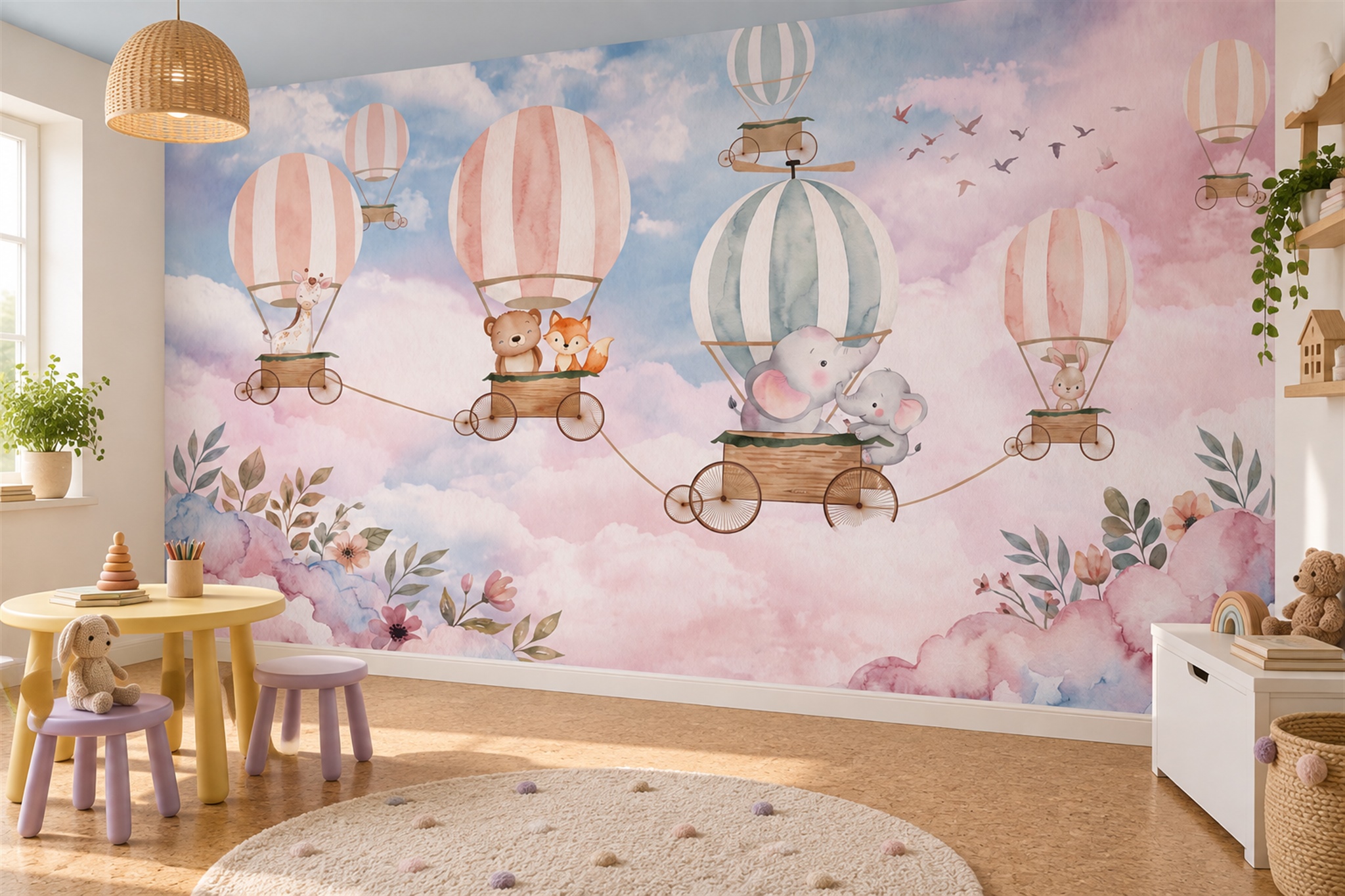 Pink Nursery Scenic Wallpaper Mural, Peel-and-stick Finish