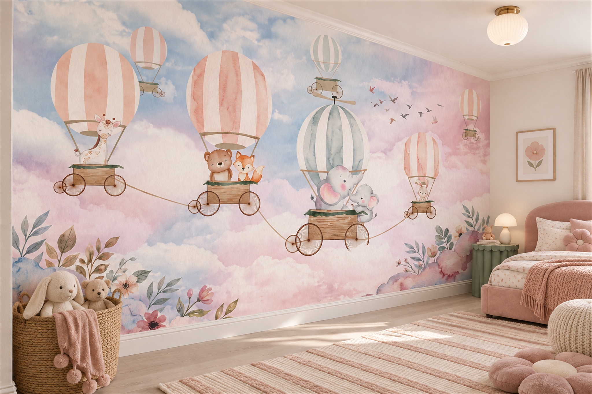 Pink Nursery Scenic Wallpaper Mural, Peel-and-stick Finish