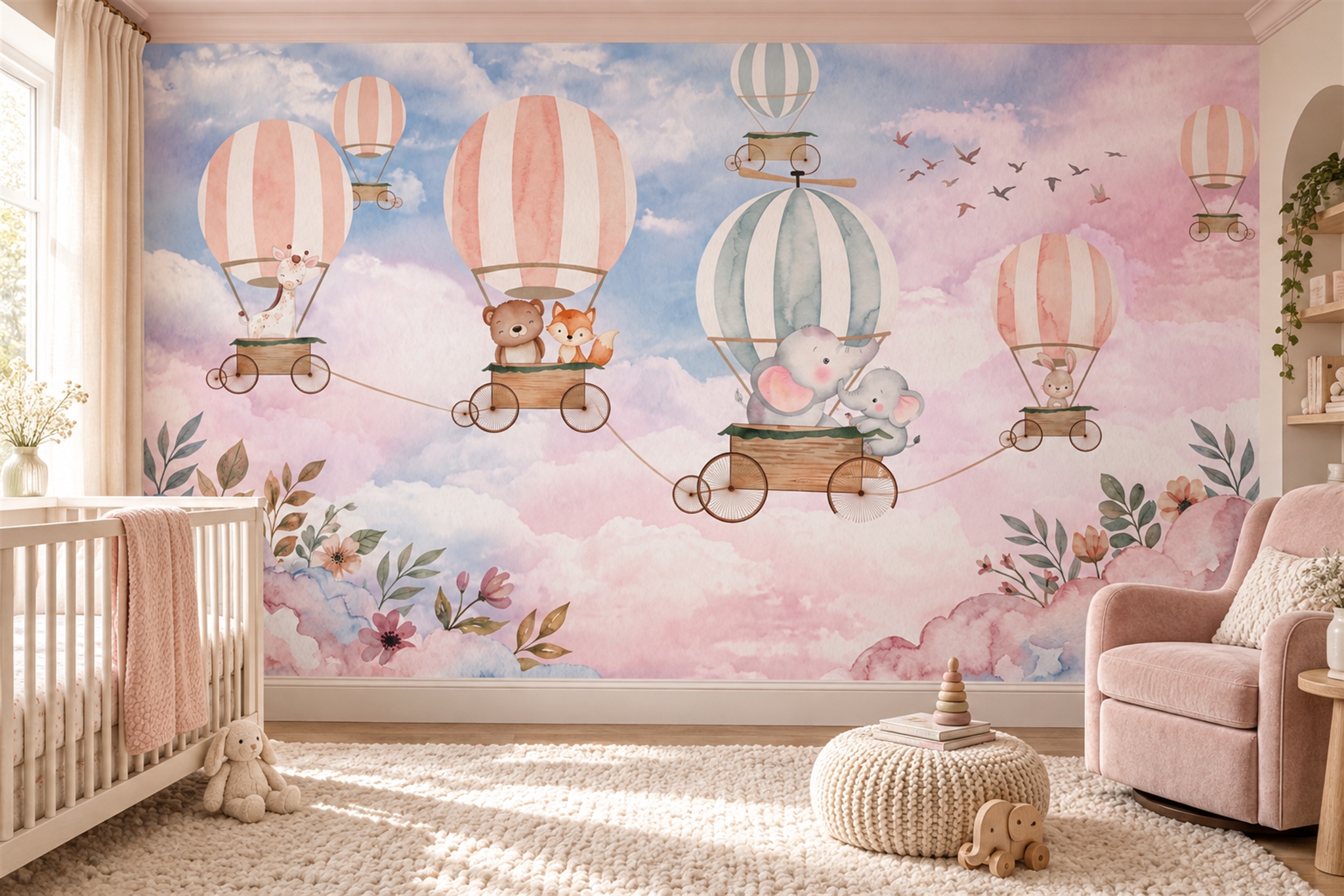 Striped Hot Air Balloon Nursery Wallpaper Mural — Installed Wallpaper Mural In A Nursery, Peel-and-stick Finish