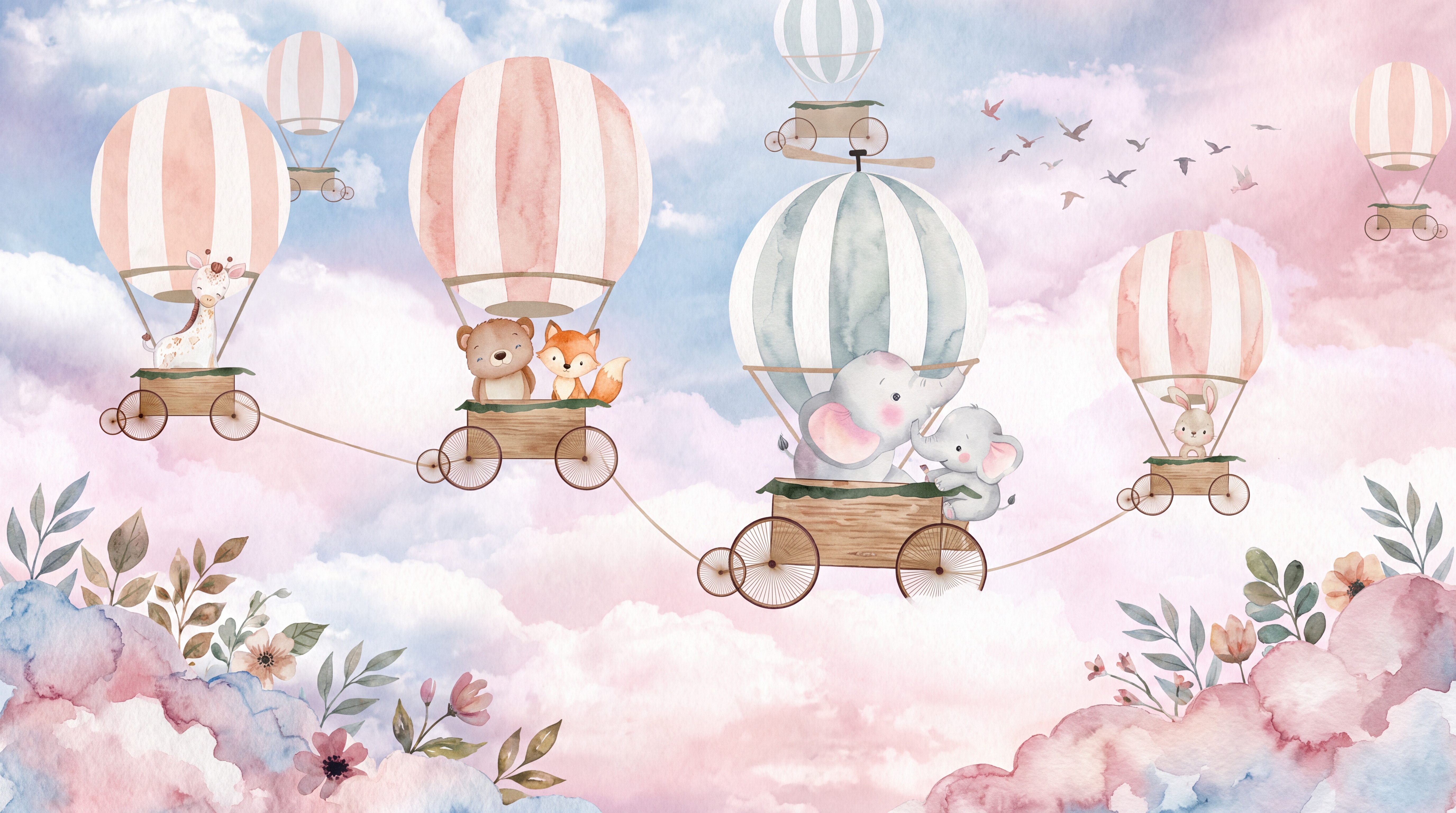Pink Nursery Scenic Wallpaper Mural, Peel-and-stick Finish