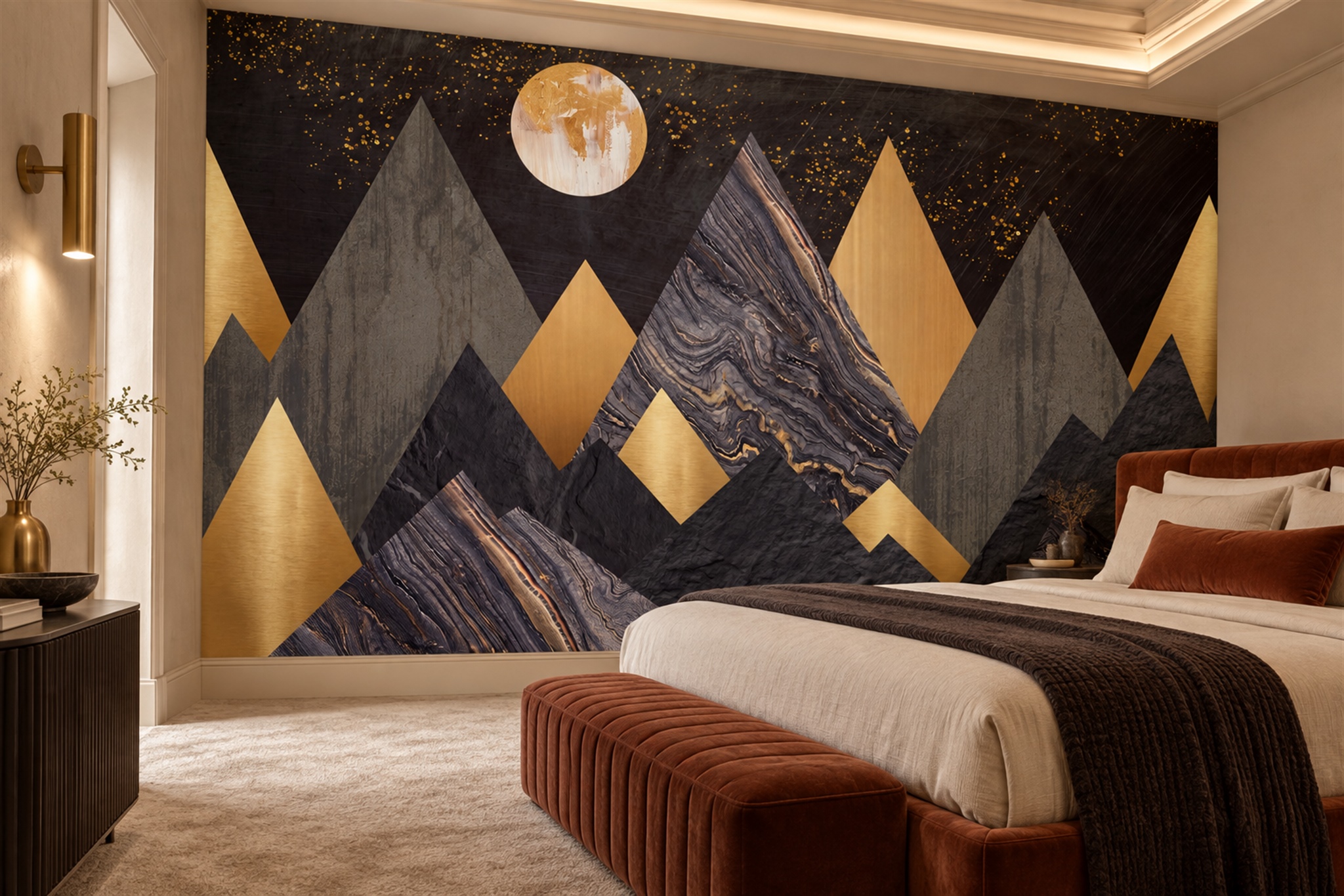 Gold Mountain Scenic Layered Wallpaper Mural Bedroom-wallpaper-murals, Peel-and-stick Finish